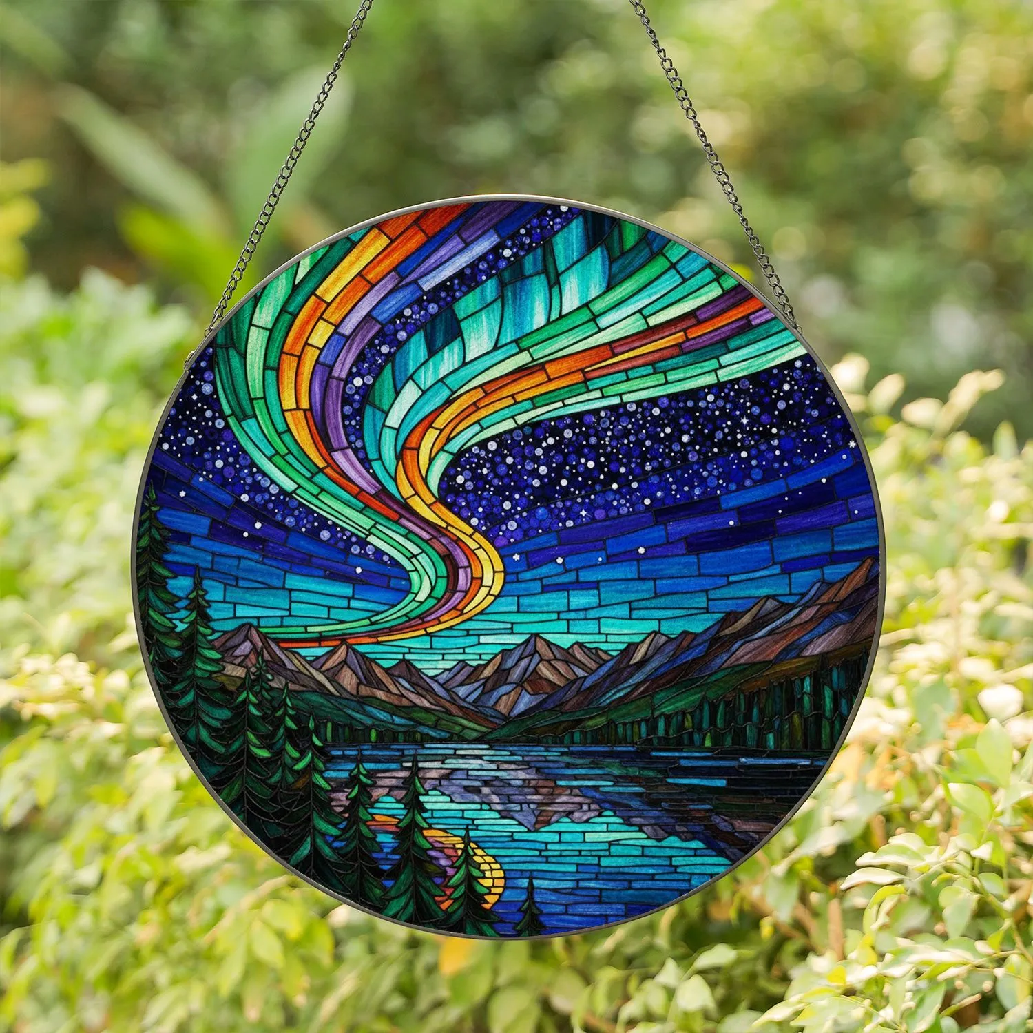 Vibrant Aurora Borealis Stained Glass Mountain Lake Starry Night Pine Trees Jewel Tones Stained Glass Suncatcher - 1
