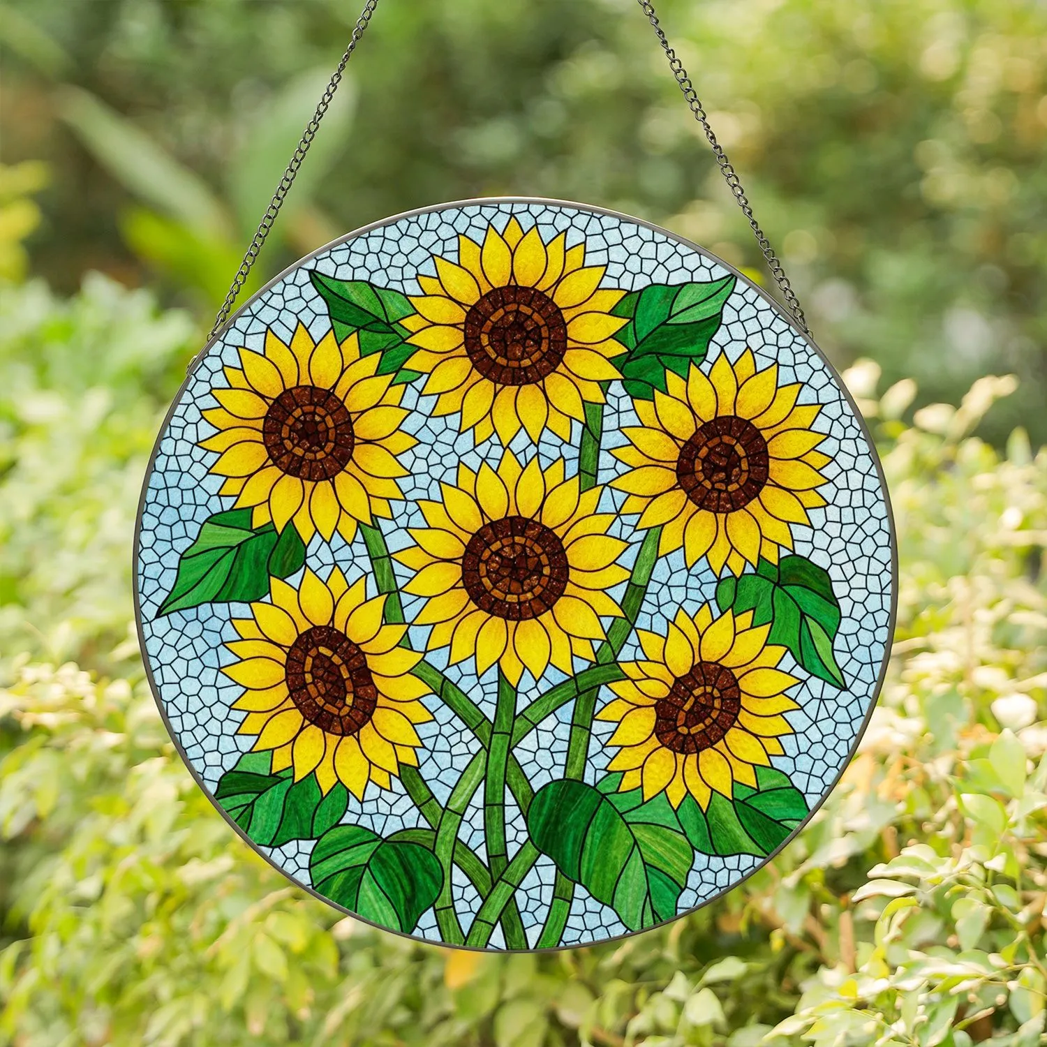 Tiffany Stained Glass Five Sunflowers, Lush Leaves, Textured Mosaic, Frosted Sky Art Stained Glass Suncatcher - 1