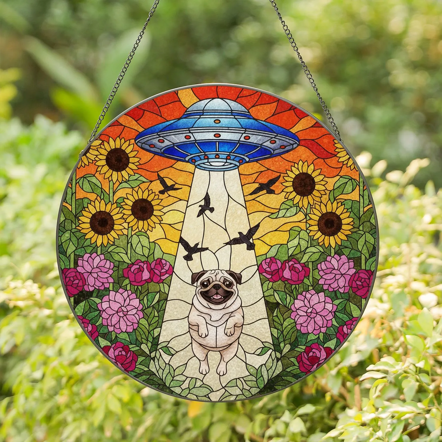 Pug Dog UFO Abduction Tiffany Stained Glass Garden Flowers Sunflowers Roses Home Decor Gift Stained Glass Suncatcher - 1