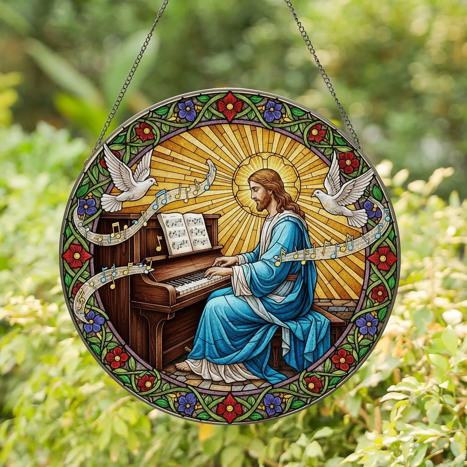 Jesus Christ Piano Doves Musical Notes Sunburst Mosaic Tiffany Stained Glass Art Stained Glass Suncatcher - 1