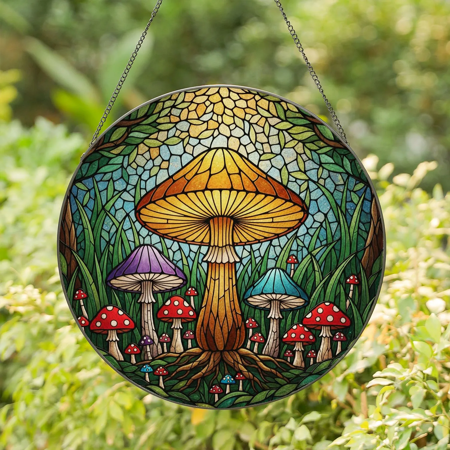 Golden Orange Purple Teal Red Polka Dot Mushroom Forest Floor Stained Glass Art Stained Glass Suncatcher - 1