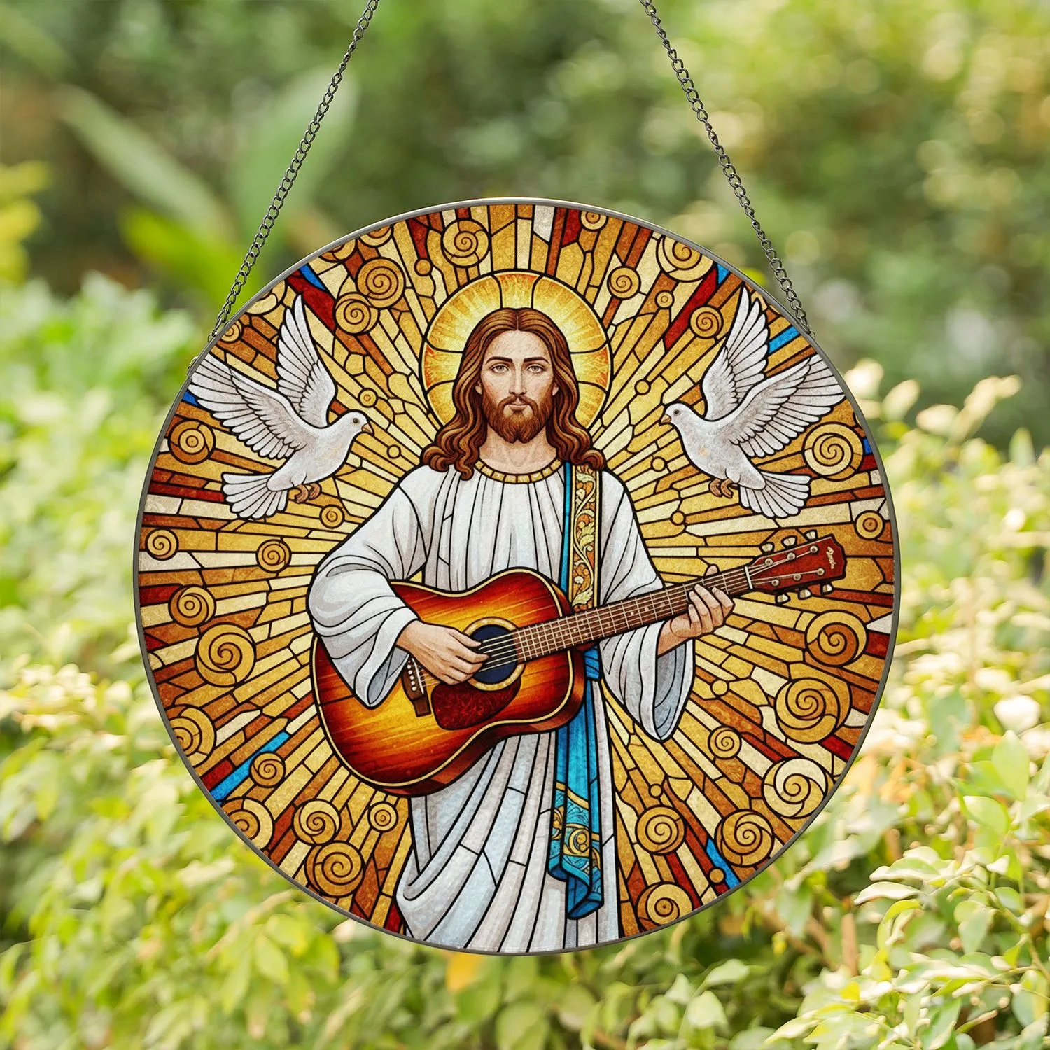 Jesus Christ Playing Guitar Stained Glass Doves Sunburst Radiant Christian Home Decor Stained Glass Suncatcher - 1