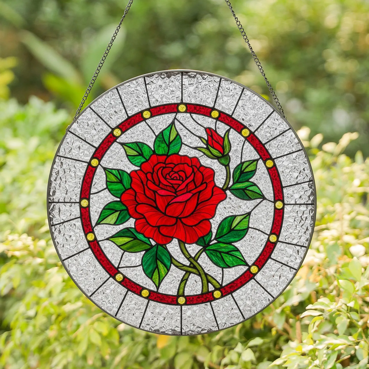 Red Rose Rosebud Stained Glass Suncatcher Window Art - Tiffany Style Gift for Rose Lovers - 1