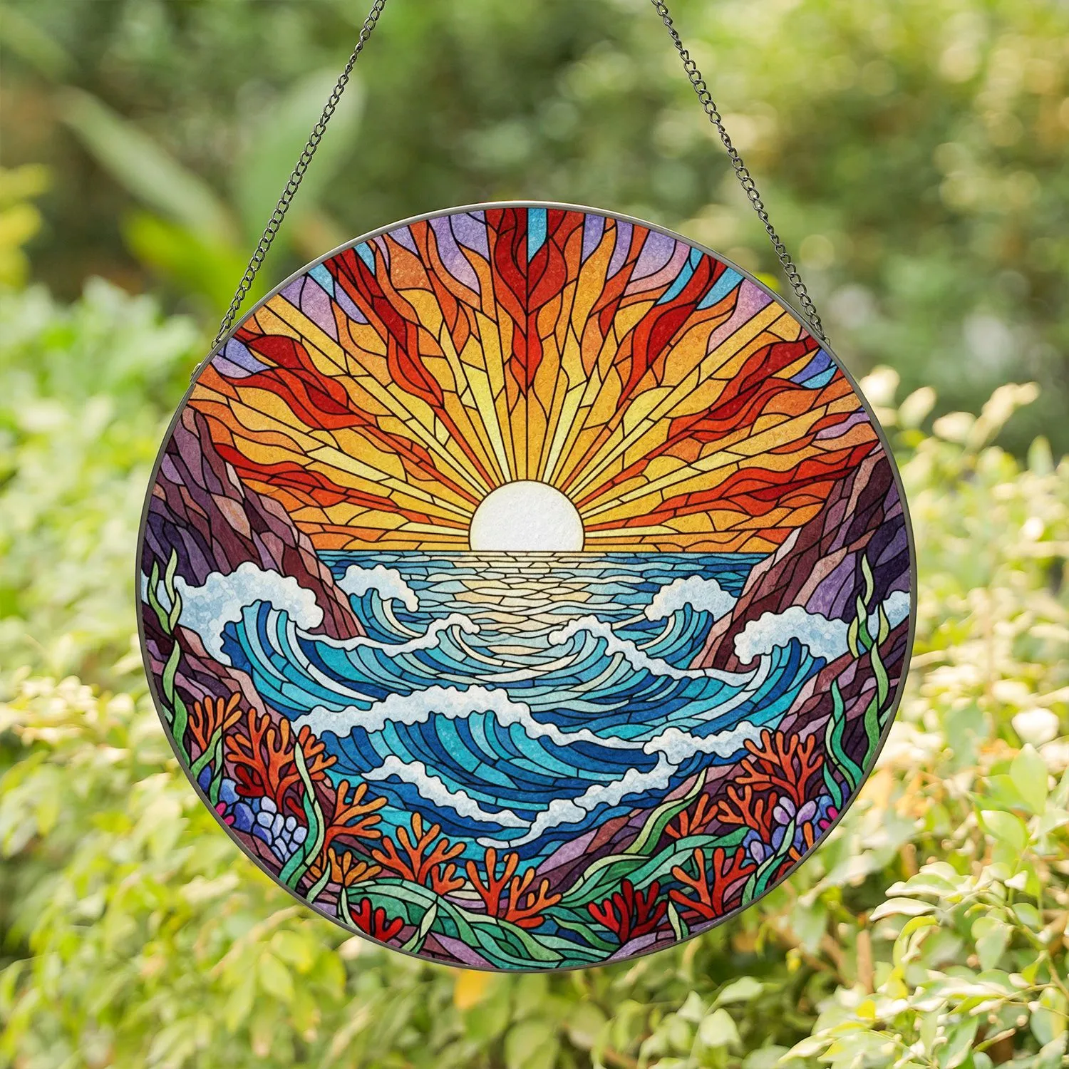 Detailed Vibrant Tiffany Style Stained Glass Sun Ocean Waves Coral Reef Seascape Art Stained Glass Suncatcher - 1