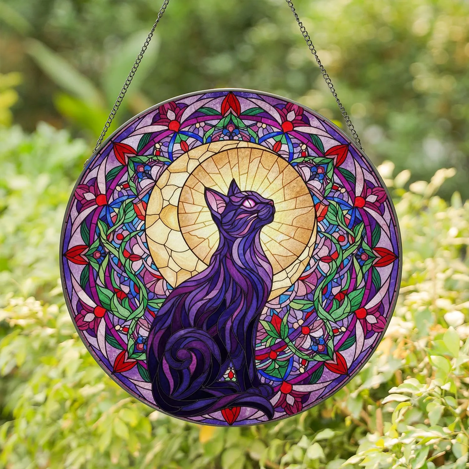 Black Cat Crescent Moon Stained Glass Mandala - Jewel Tone Celestial Floral Geometric Stained Glass Suncatcher - 1