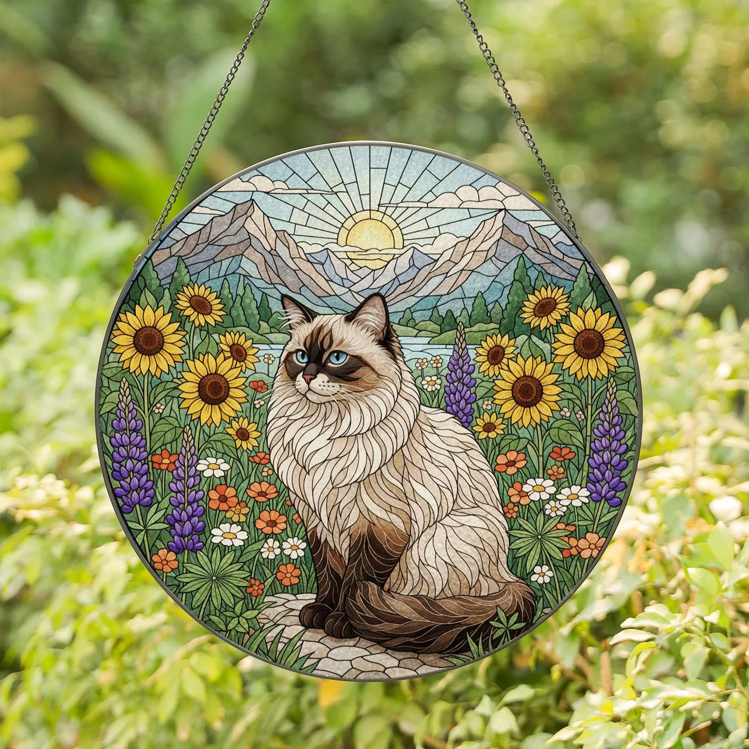 Himalayan Cat Sunflowers Lupines Wildflowers Mountain Tiffany Stained Glass Art Stained Glass Suncatcher - 1