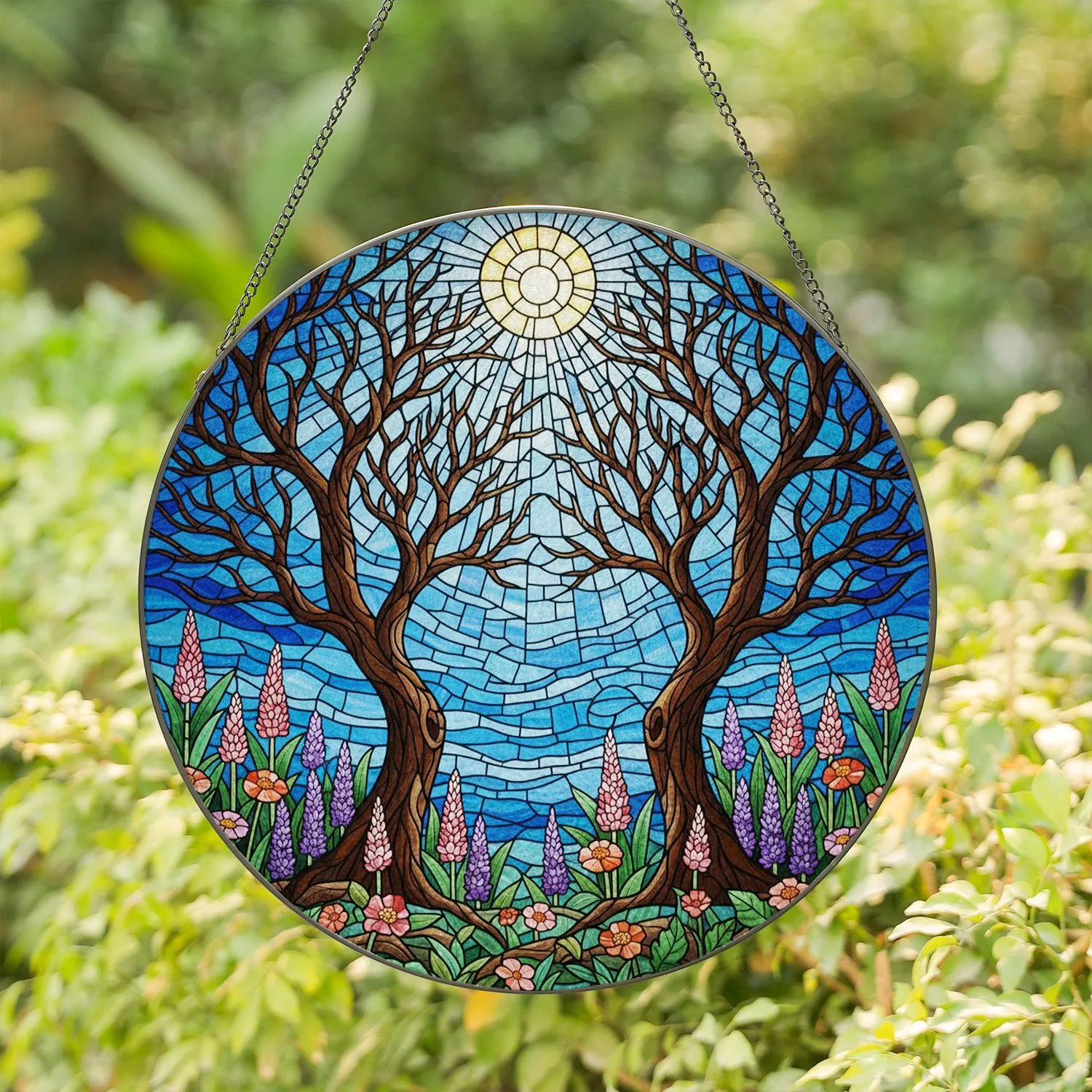 Gnarled Bare Trees Flowering Plants Mosaic Water Sky Tiffany Style Jewel Tone Stained Glass Stained Glass Suncatcher - 1