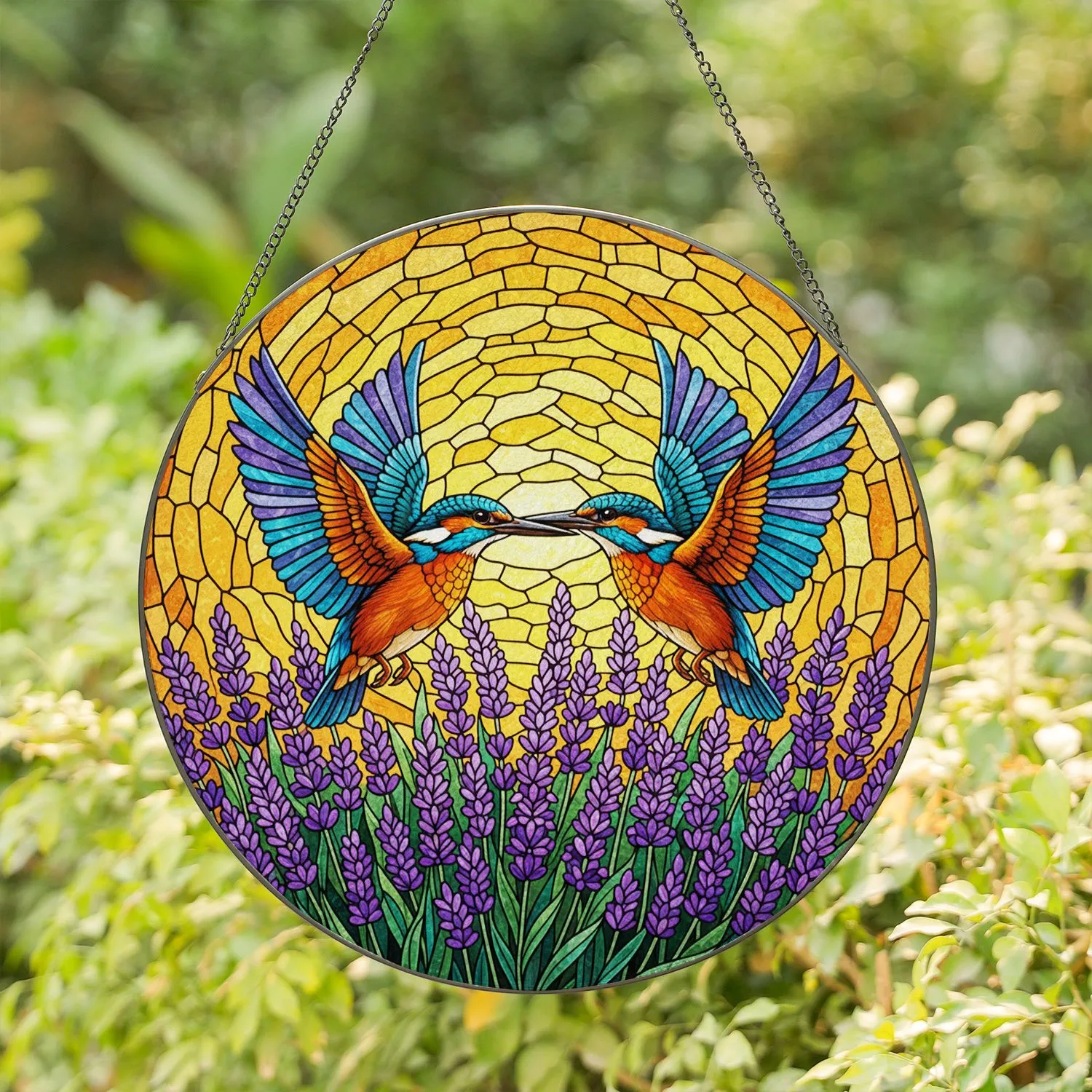 Iridescent Kingfisher Birds Stained Glass - Purple Lavender Flowers Mosaic Tiffany Style Stained Glass Suncatcher - 1