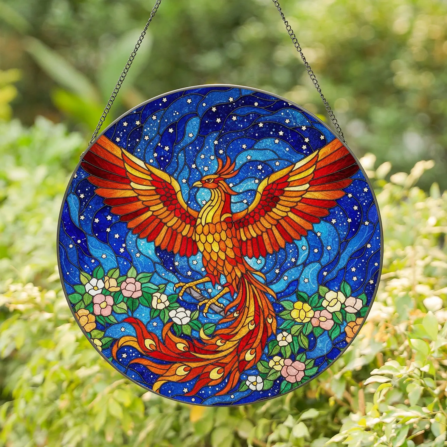 Phoenix Majestic Wings Stained Glass Cosmic Night Sky - Tiffany Blooming Flowers Decor Stained Glass Suncatcher - 1