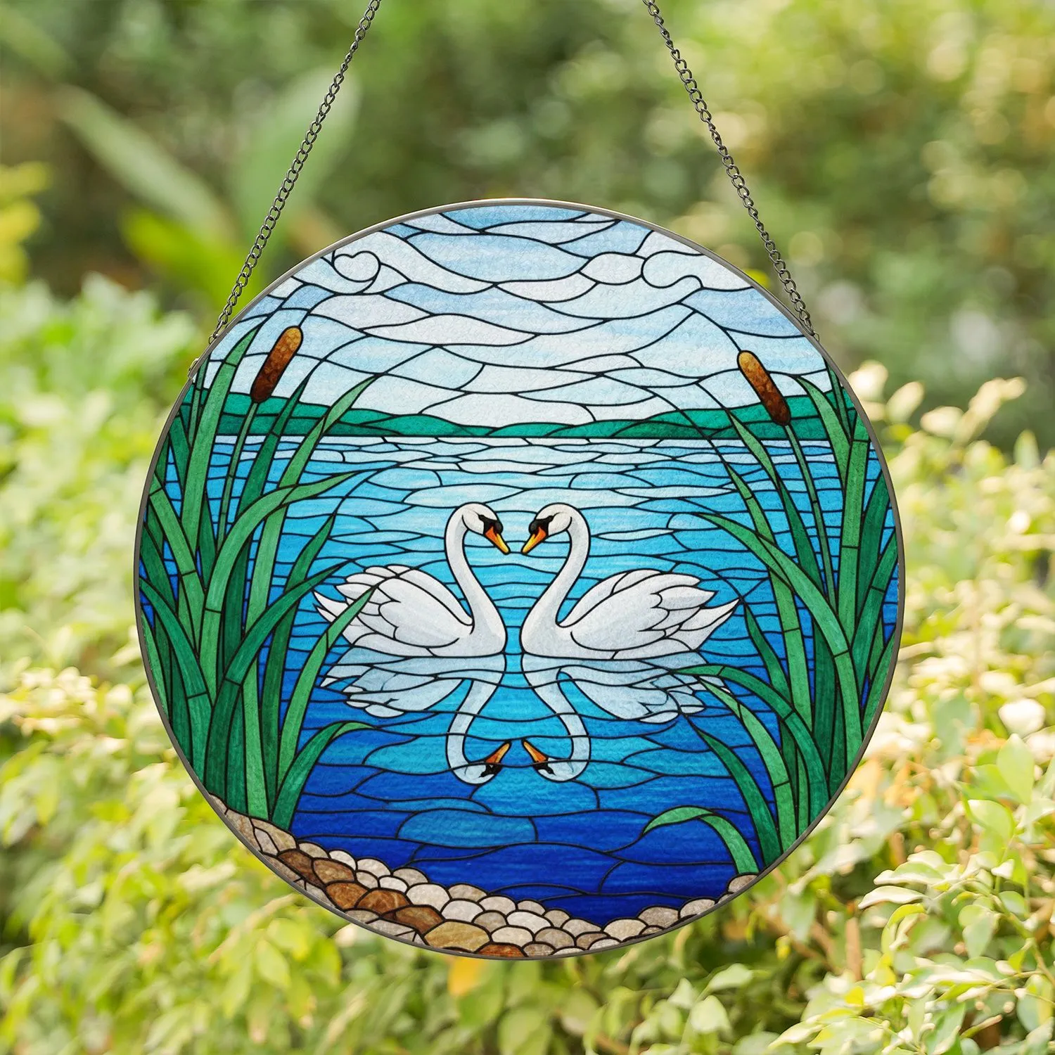 Elegant White Swans Lake Cattails Reeds - Tiffany Stained Glass Inspired Window Decor Gift Stained Glass Suncatcher - 1