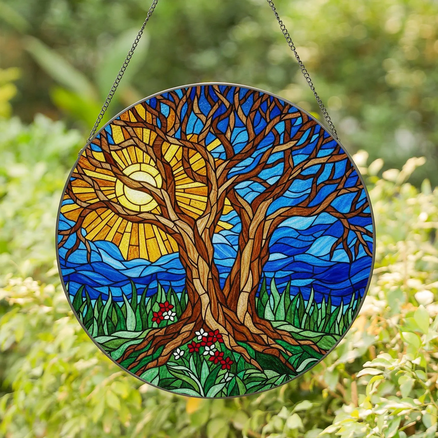 Stained Glass Gnarled Trees Golden Sun Mosaic Sky Flowers - Nature Home Decor Gift Stained Glass Suncatcher - 1