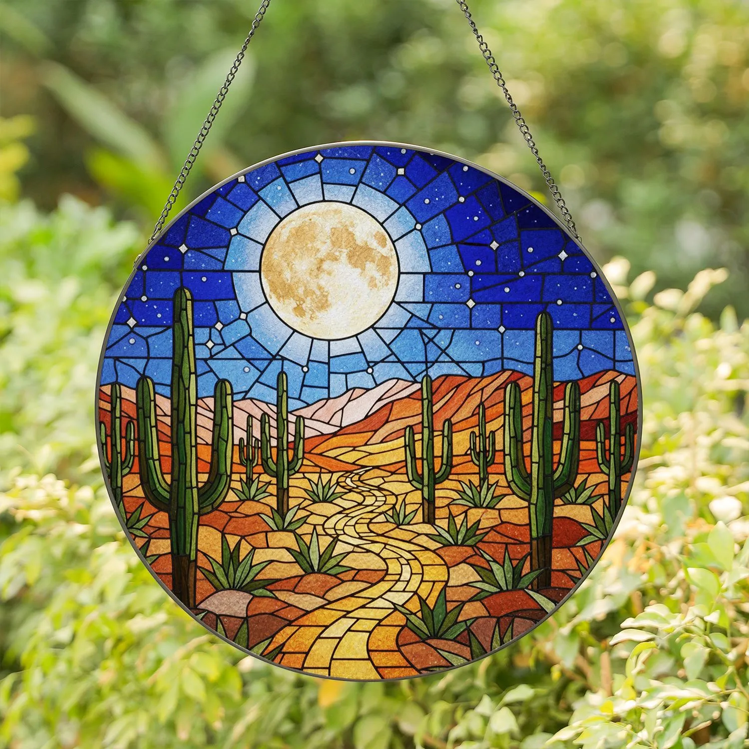 Desert Night Full Moon Stained Glass - Saguaro Cactus Golden Path Landscape Art Decor Stained Glass Suncatcher - 1