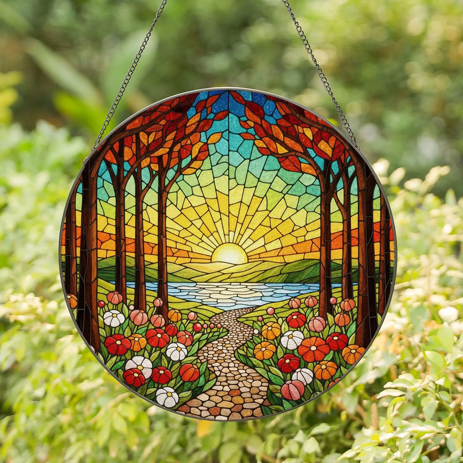 Tiffany Glass Forest Path Sunrise Mosaic - Autumn Leaves Flowers Hill Lake View Stained Glass Suncatcher - 1