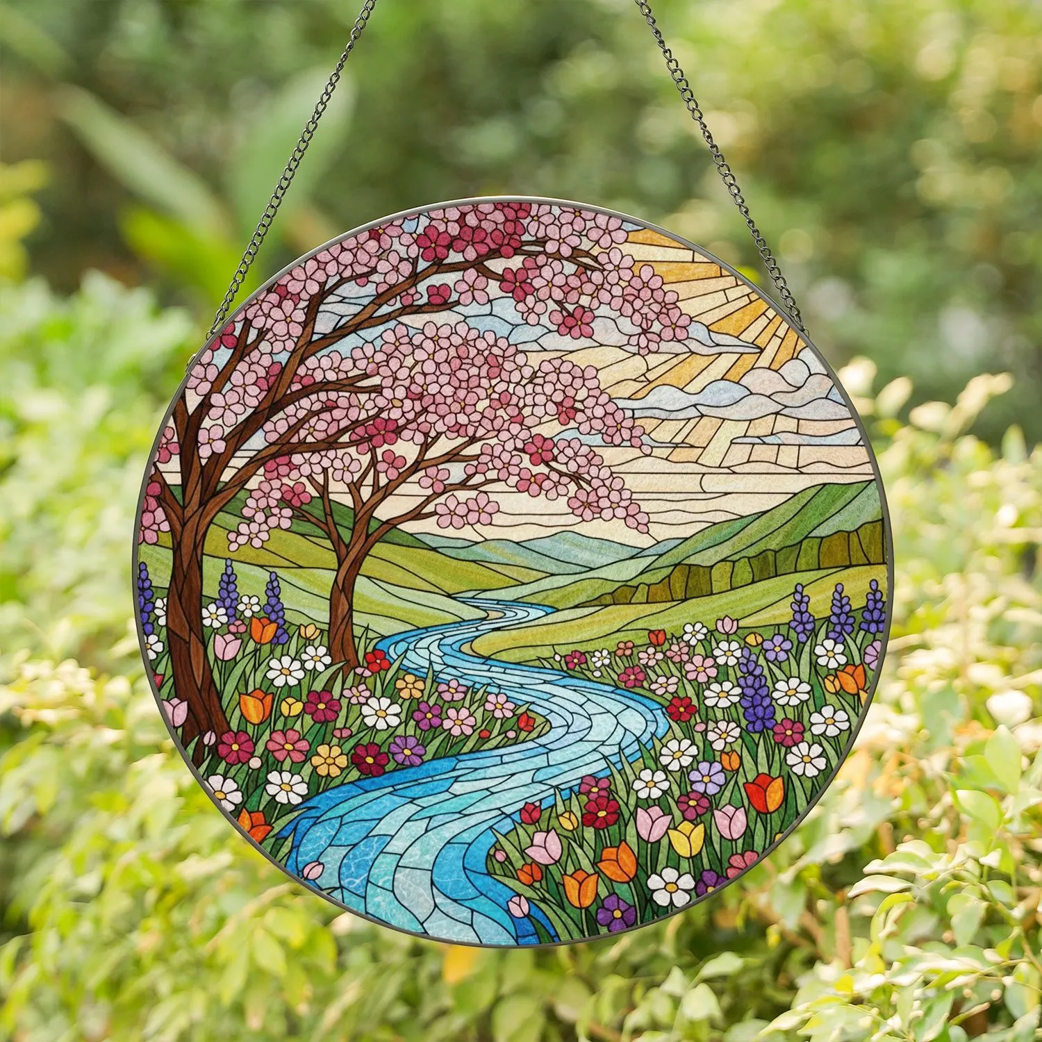 Stained Glass River Cherry Blossom Wildflower Mosaic Landscape Art - Tiffany Style Jewel Tones Stained Glass Suncatcher - 1