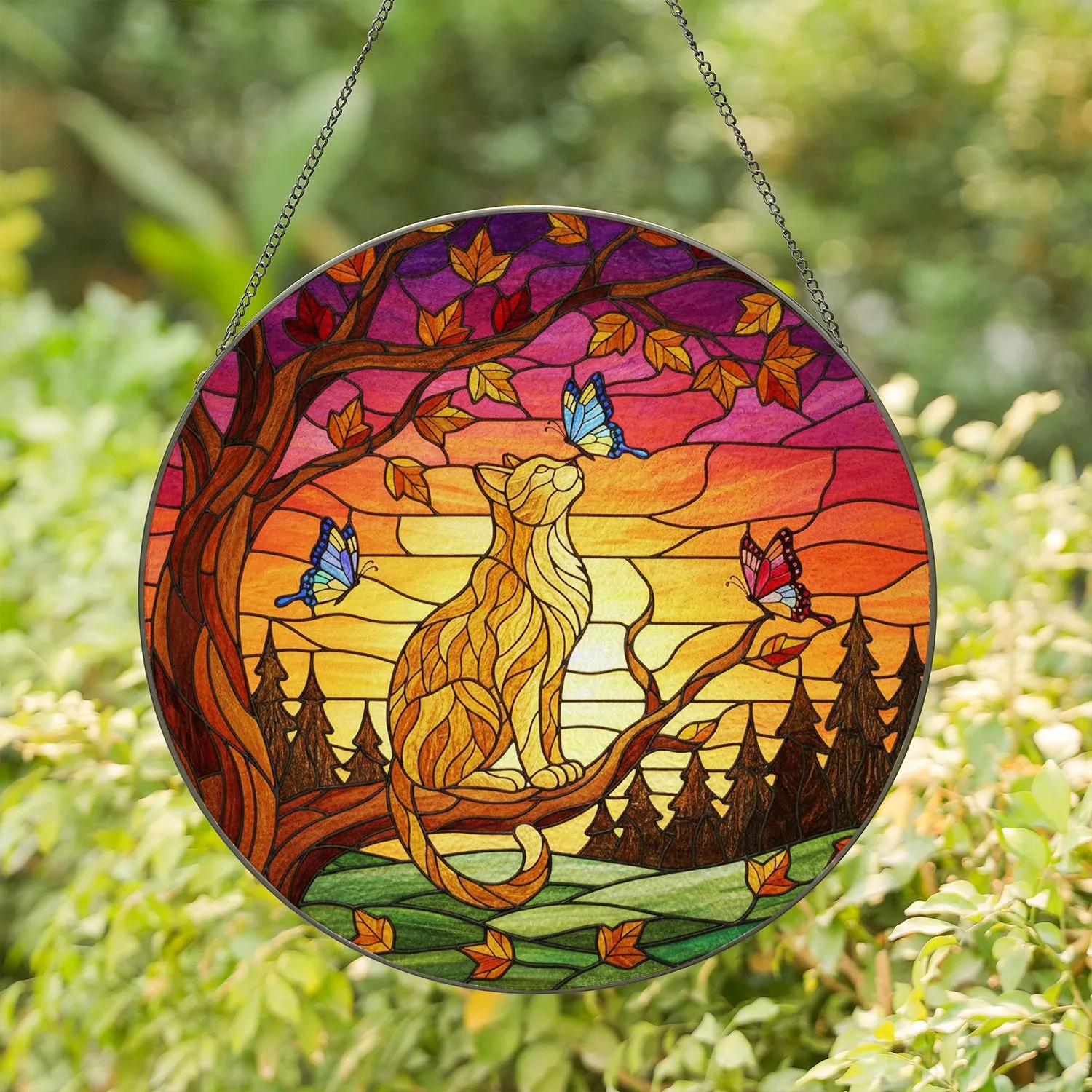 Golden Cat Stained Glass Suncatcher with Butterfly, Autumn Leaves, Sunset Sky Evergreen Trees - 1