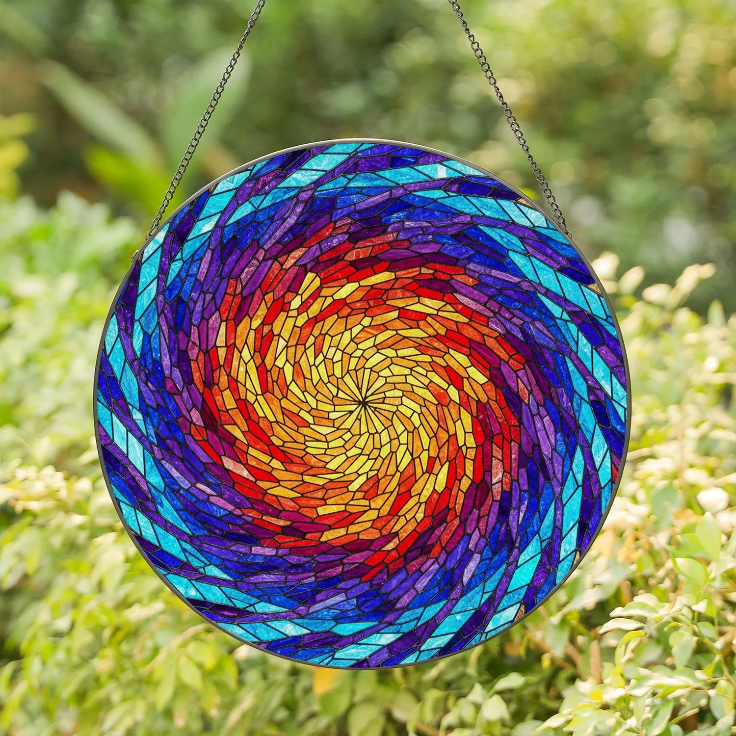 Stained Glass Mosaic Spiral Pattern Tiffany Style Jewel Tones - Detailed Edge-to-Edge Art Stained Glass Suncatcher - 1