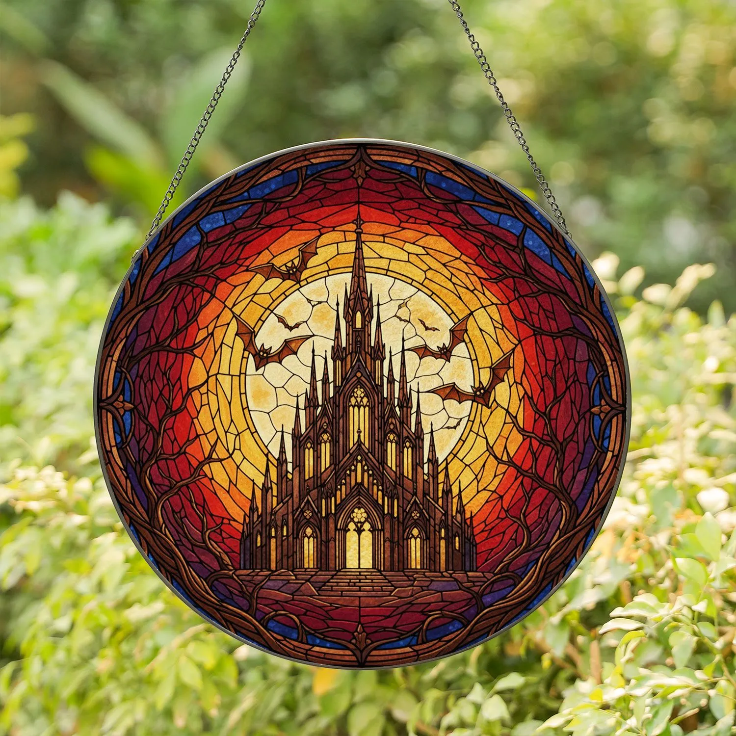 Highly Detailed Ornate Gothic Castle Moon Bats Stained Glass - Dramatic Swirling Sunset Art Stained Glass Suncatcher - 1