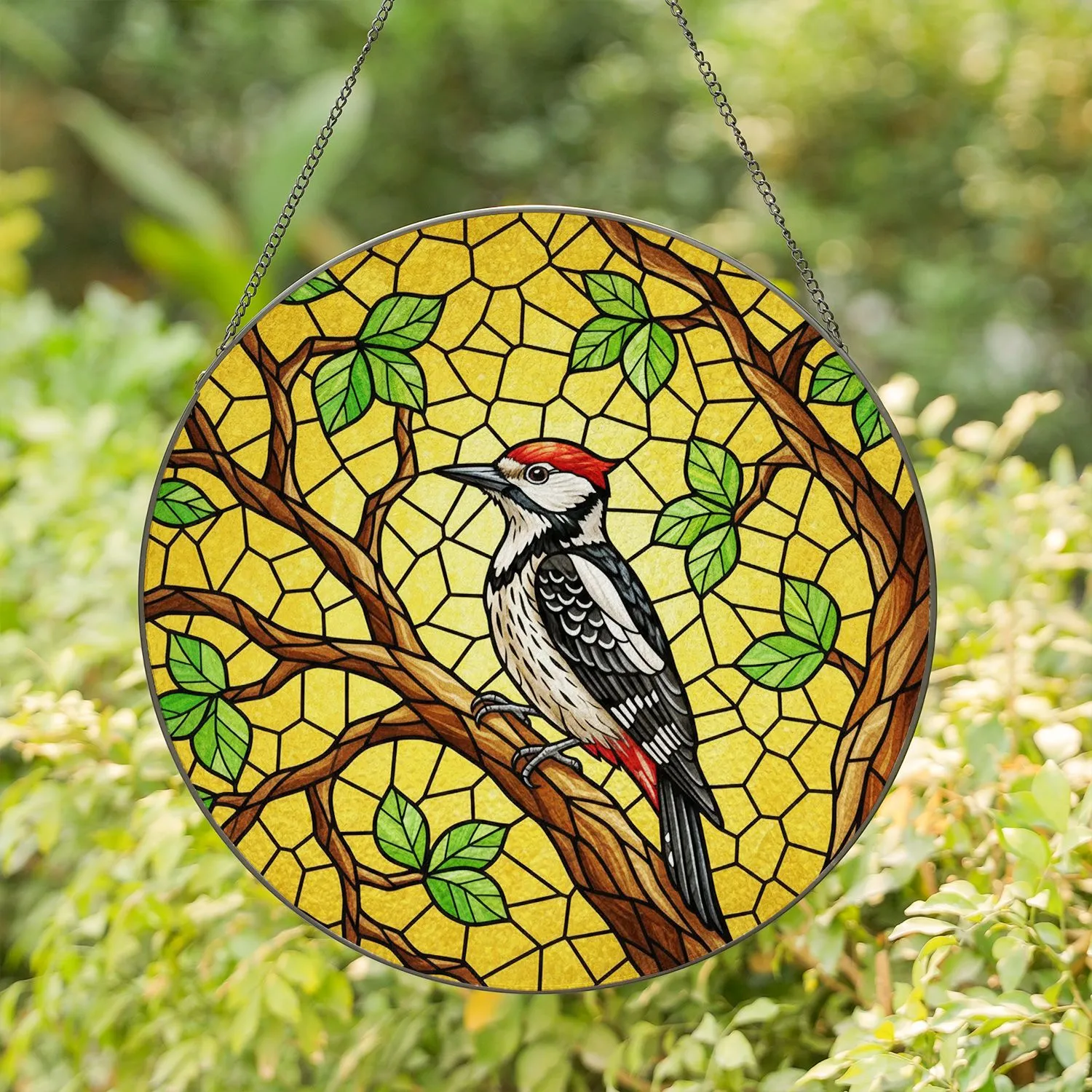 Woodpecker Stained Glass Mosaic Art with Vibrant Red Cap, Green Leaves, & Sunlit Yellow Sky Stained Glass Suncatcher - 1