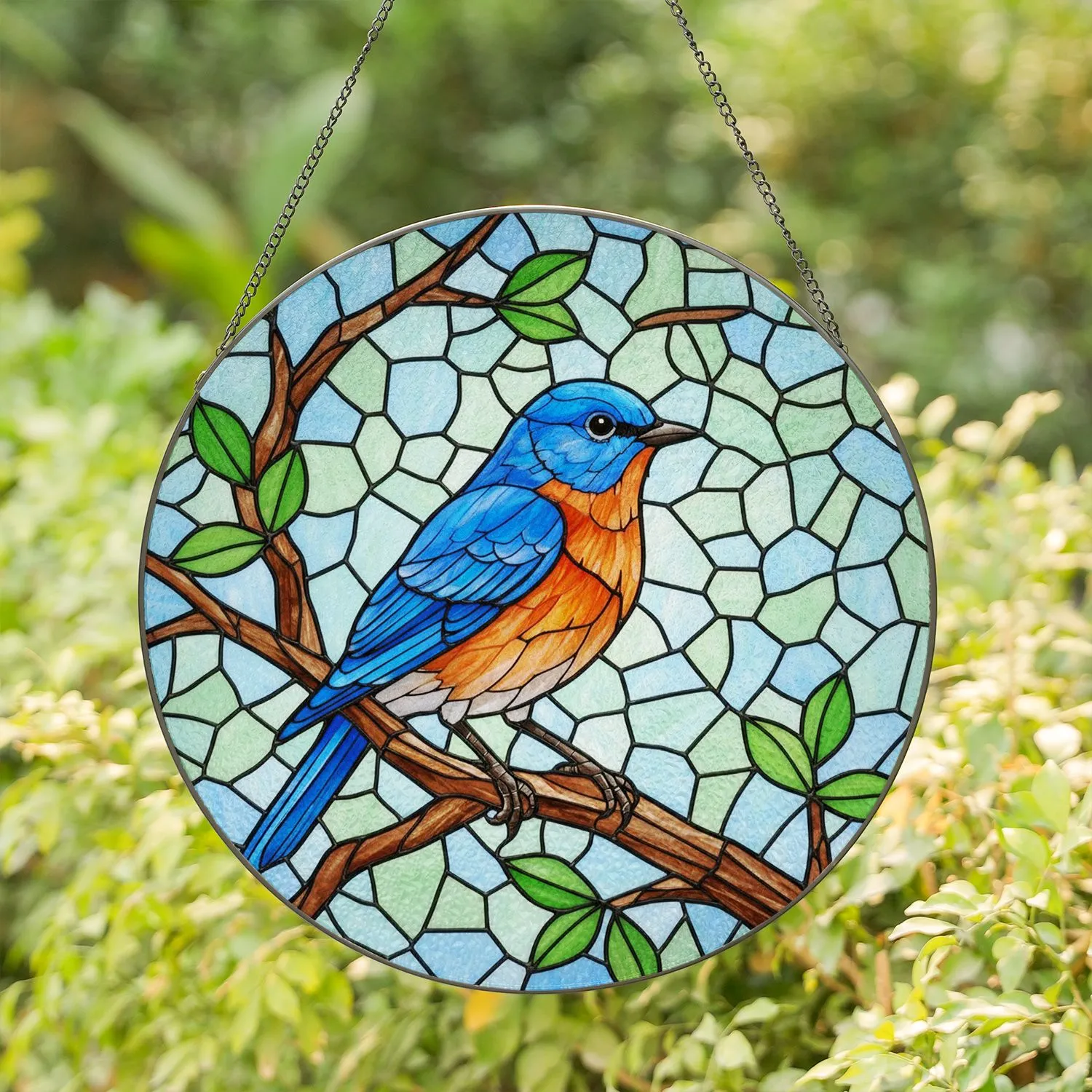 Vibrant Blue Songbird Stained Glass Mosaic Art - Tiffany Style Nature Bluebird & Leaves Stained Glass Suncatcher - 1