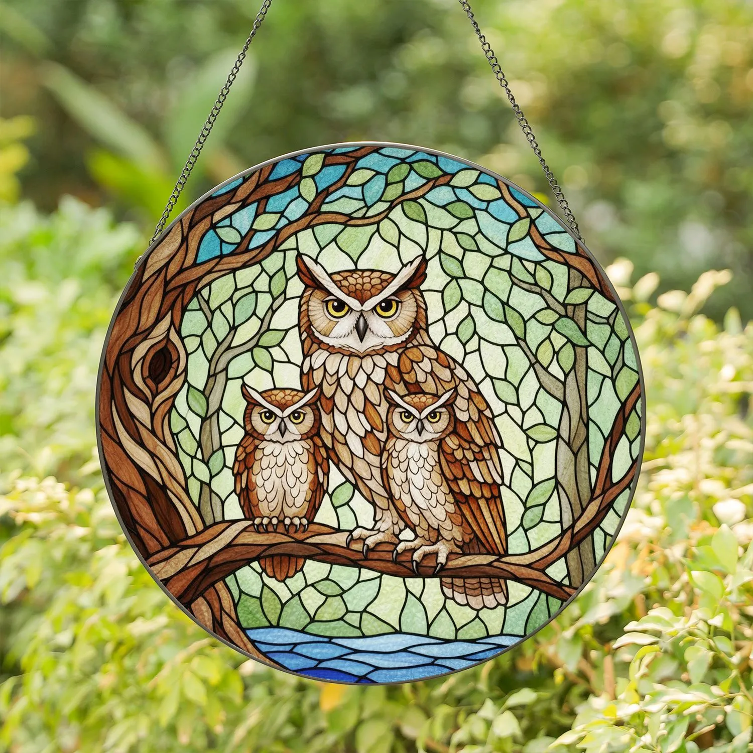 Intricate Tiffany Stained Glass Owl Family Forest Mosaic Art - Jewel Tone Design Stained Glass Suncatcher - 1