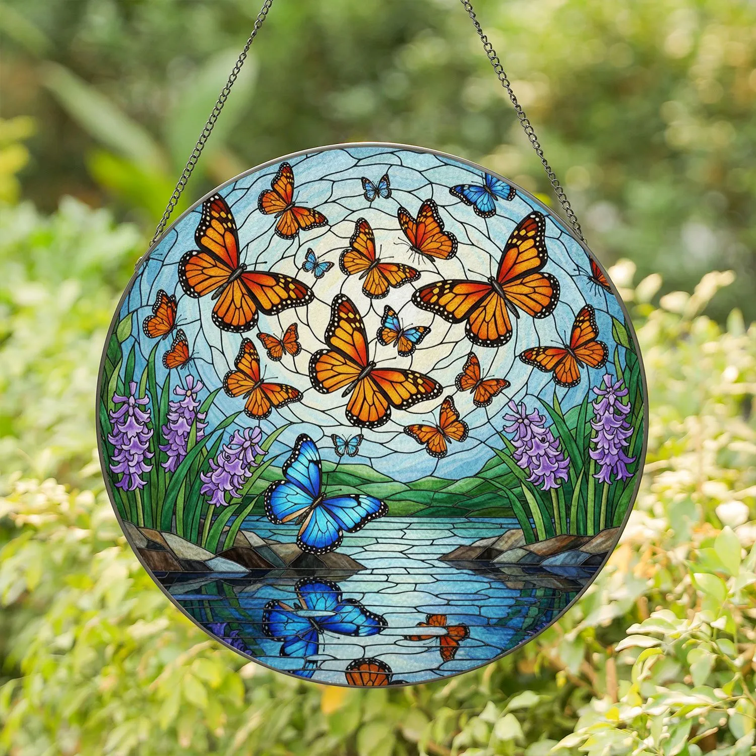 Orange Monarch Butterflies Water Scene Hyacinth Flowers Stained Glass Tiffany Art Stained Glass Suncatcher - 1