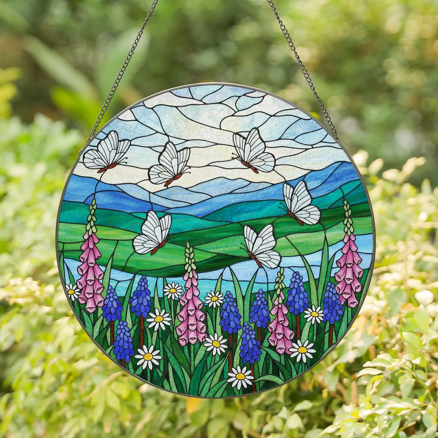 Seven White Butterflies Wildflower Meadow Stained Glass - Tiffany Art Nature Lover Gift Stained Glass Suncatcher - 1