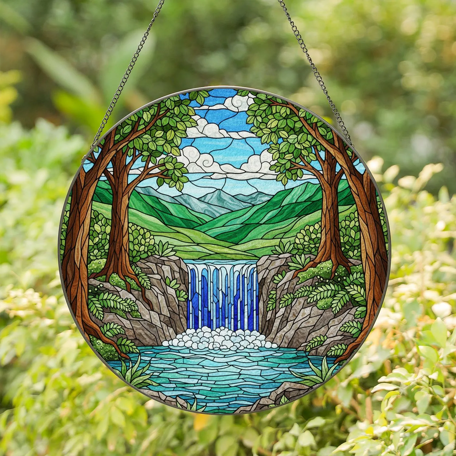 Stained Glass Cascading Waterfall Forest Mountain Scene - Tiffany Style Nature Jewel Tones Stained Glass Suncatcher - 1