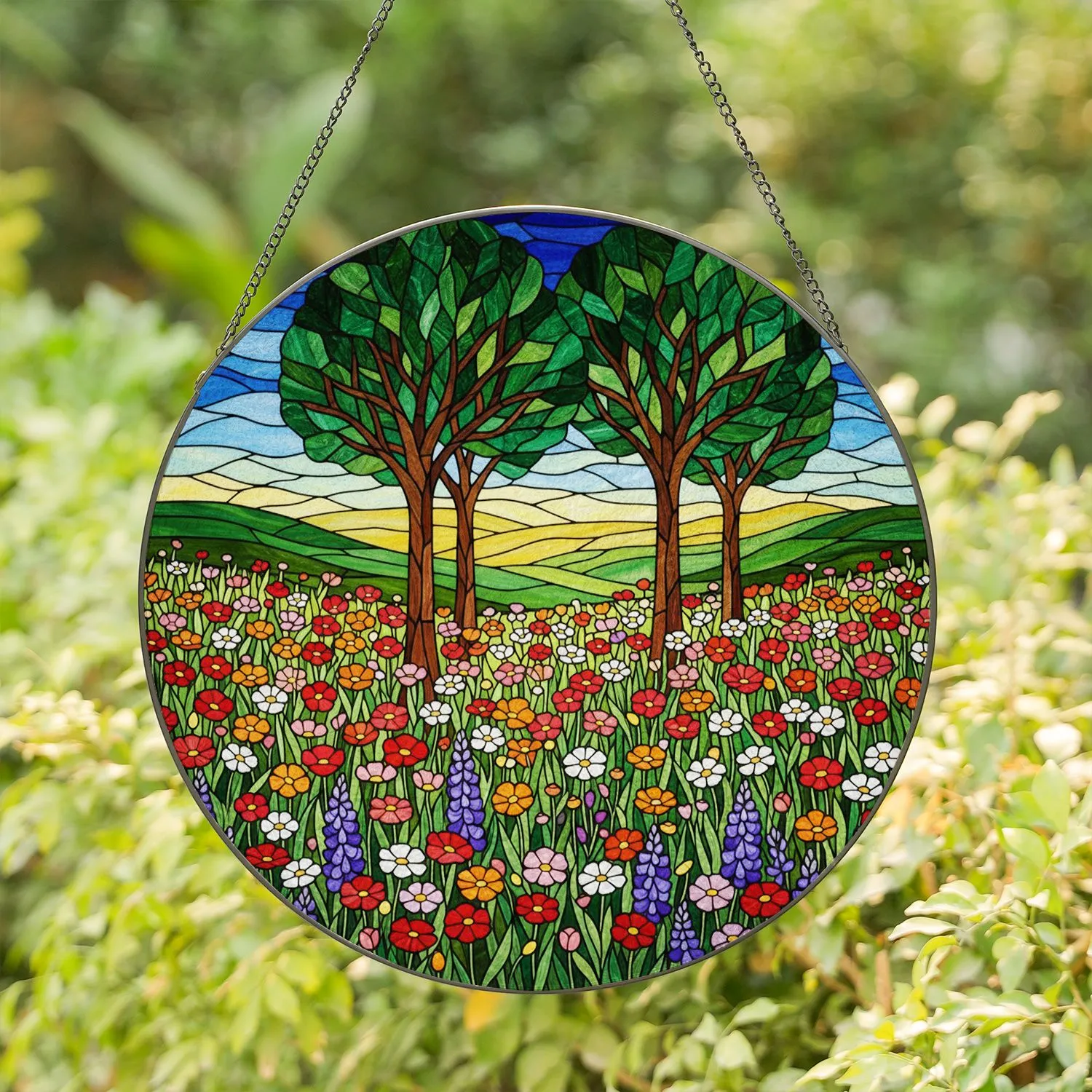 Wildflower Meadow Poppies Cosmos Daisies Stained Glass Trees Rolling Hills Mosaic Sky Stained Glass Suncatcher - 1