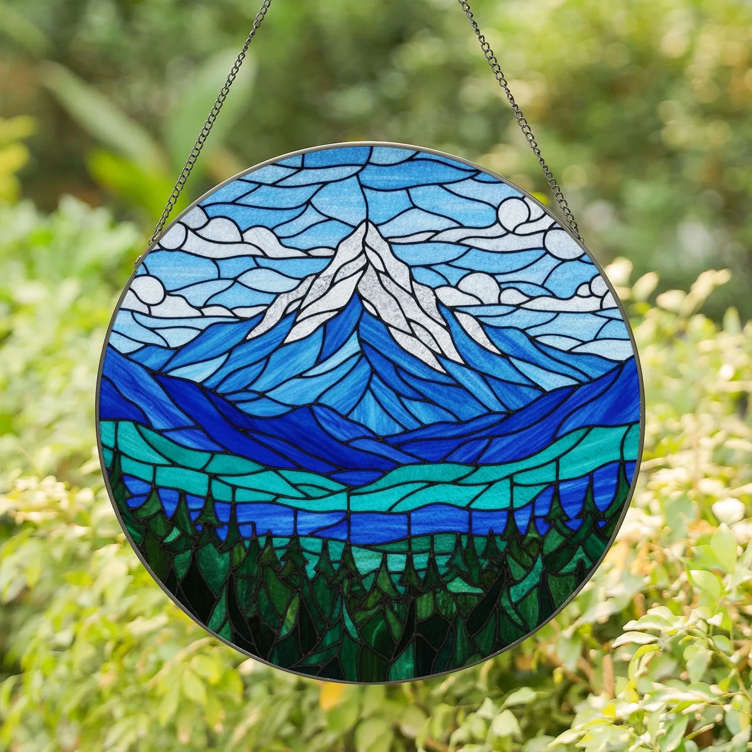 Majestic Snow-Capped Mountain Tiffany Stained Glass Landscape Forest Sky Cloud View Stained Glass Suncatcher - 1