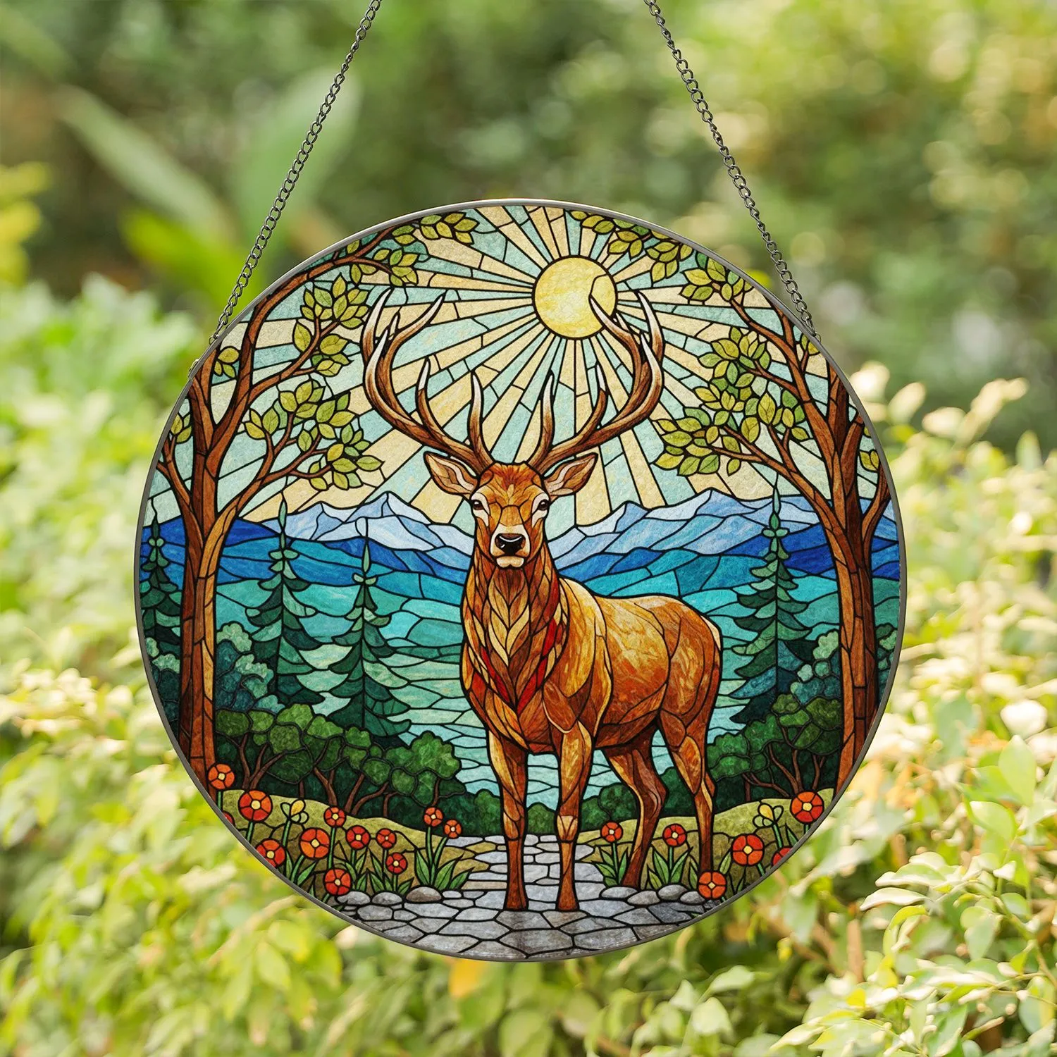 Majestic Stag Tiffany Stained Glass Art - Forest Wildflower Mountain View Decor Stained Glass Suncatcher - 1