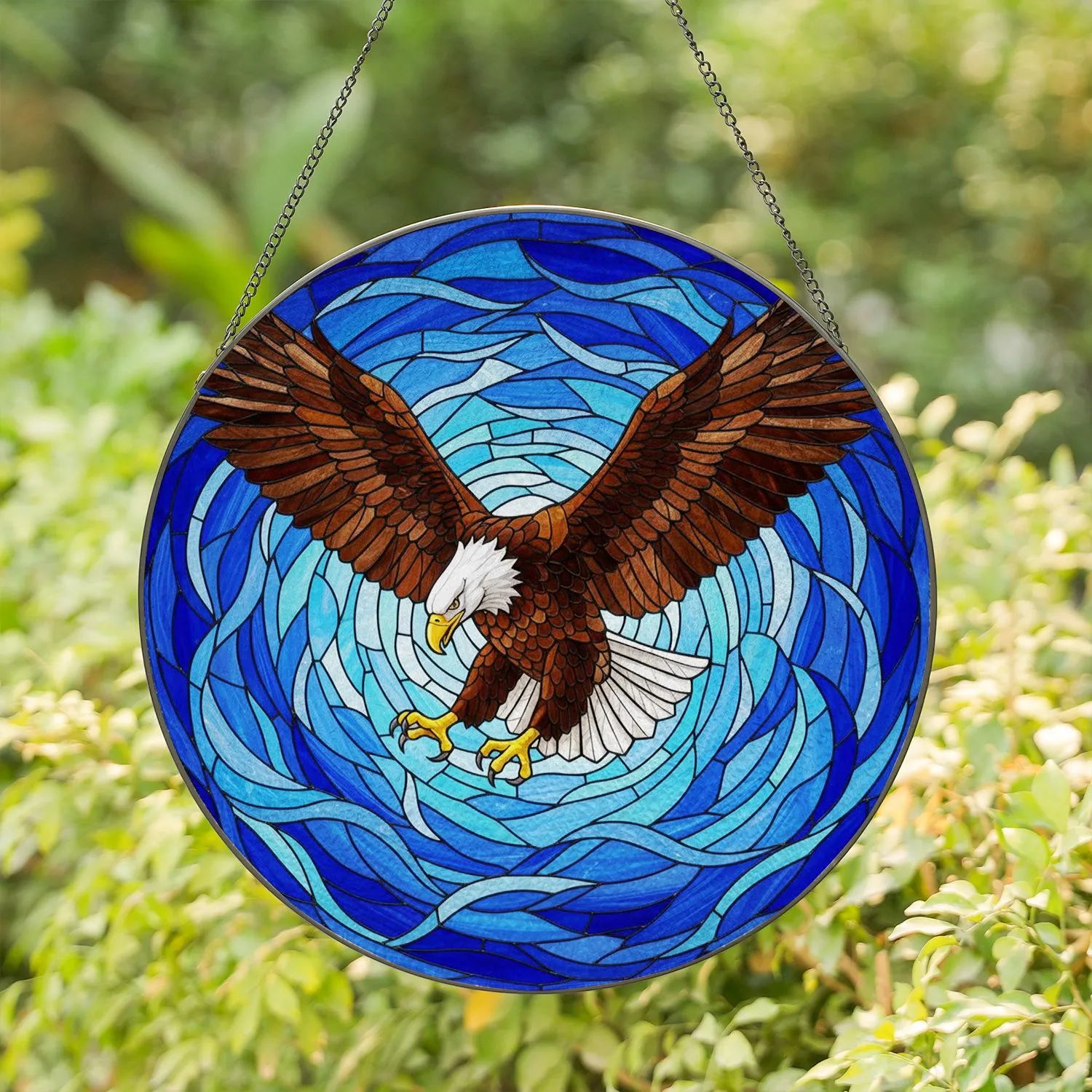 Bald Eagle Stained Glass Mosaic - Tiffany Style Rippling Waves Deep Blue Golden Yellow Stained Glass Suncatcher - 1