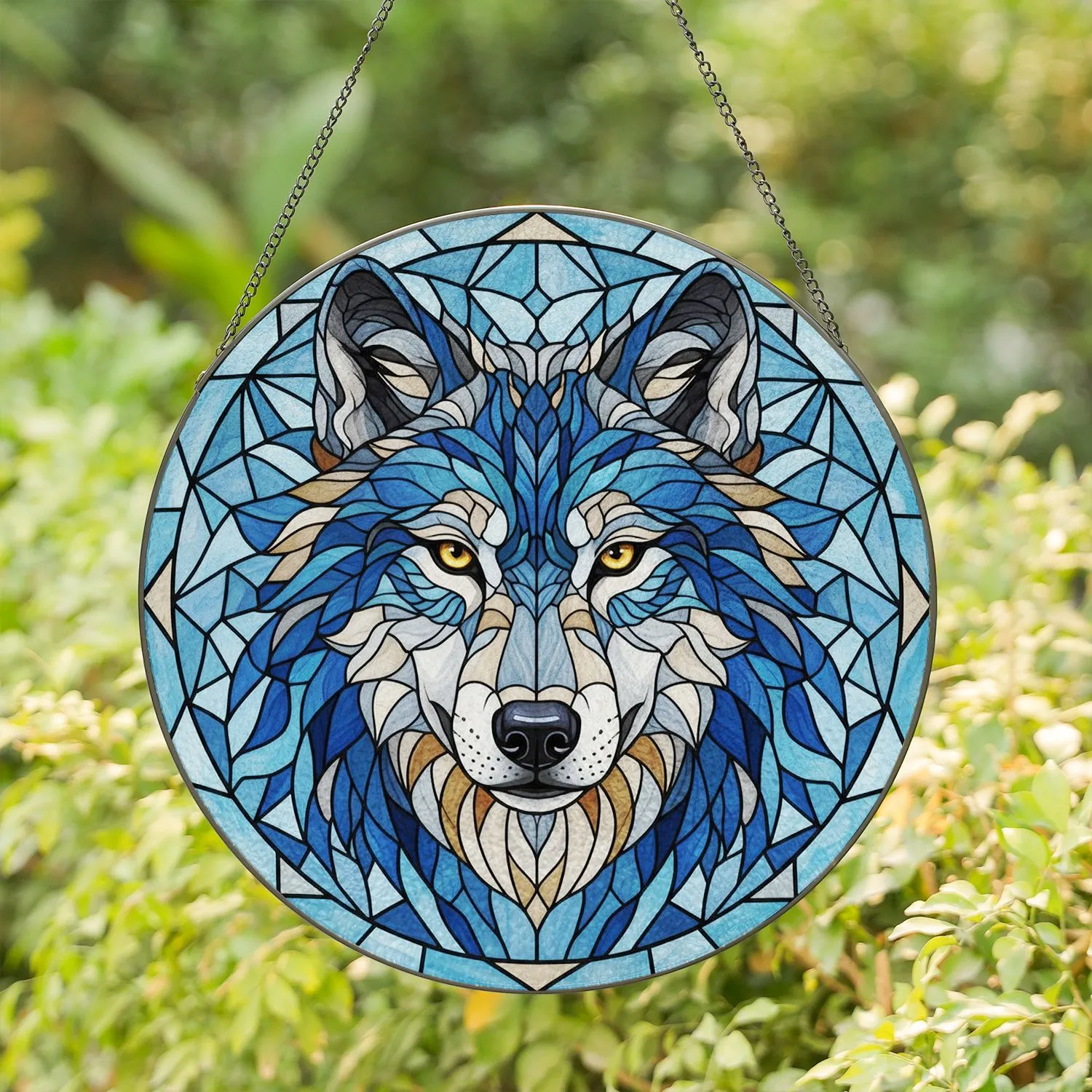 Wolf Head Portrait Stained Glass - Intense Gaze Tiffany Jewel Tone Abstract Fur Stained Glass Suncatcher - 1