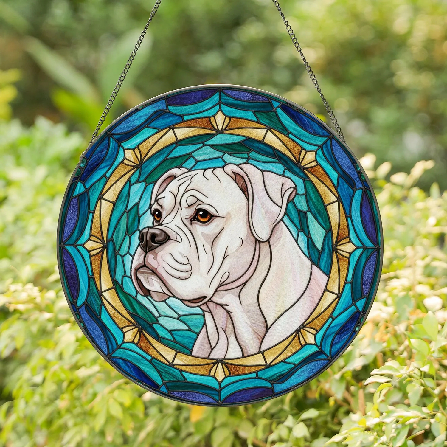 White Boxer Dog Stained Glass - Tiffany Style Iridescent Mosaic Art Gold Halo Dark Lead Lines Stained Glass Suncatcher - 1