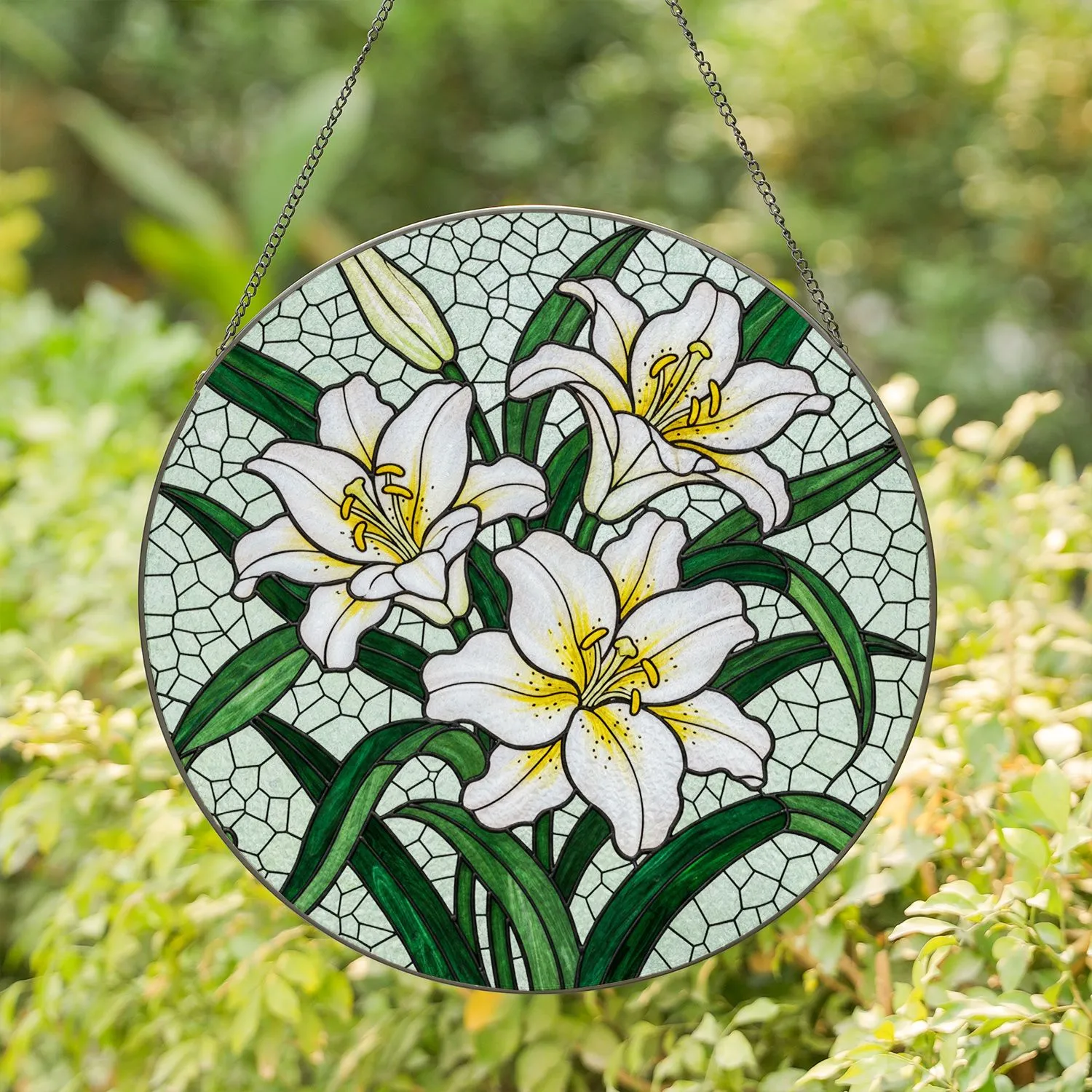 Three White Lilies Stained Glass Art - Tiffany Inspired Daffodil Yellow Green Mosaic for Home Decor Stained Glass Suncatcher - 1