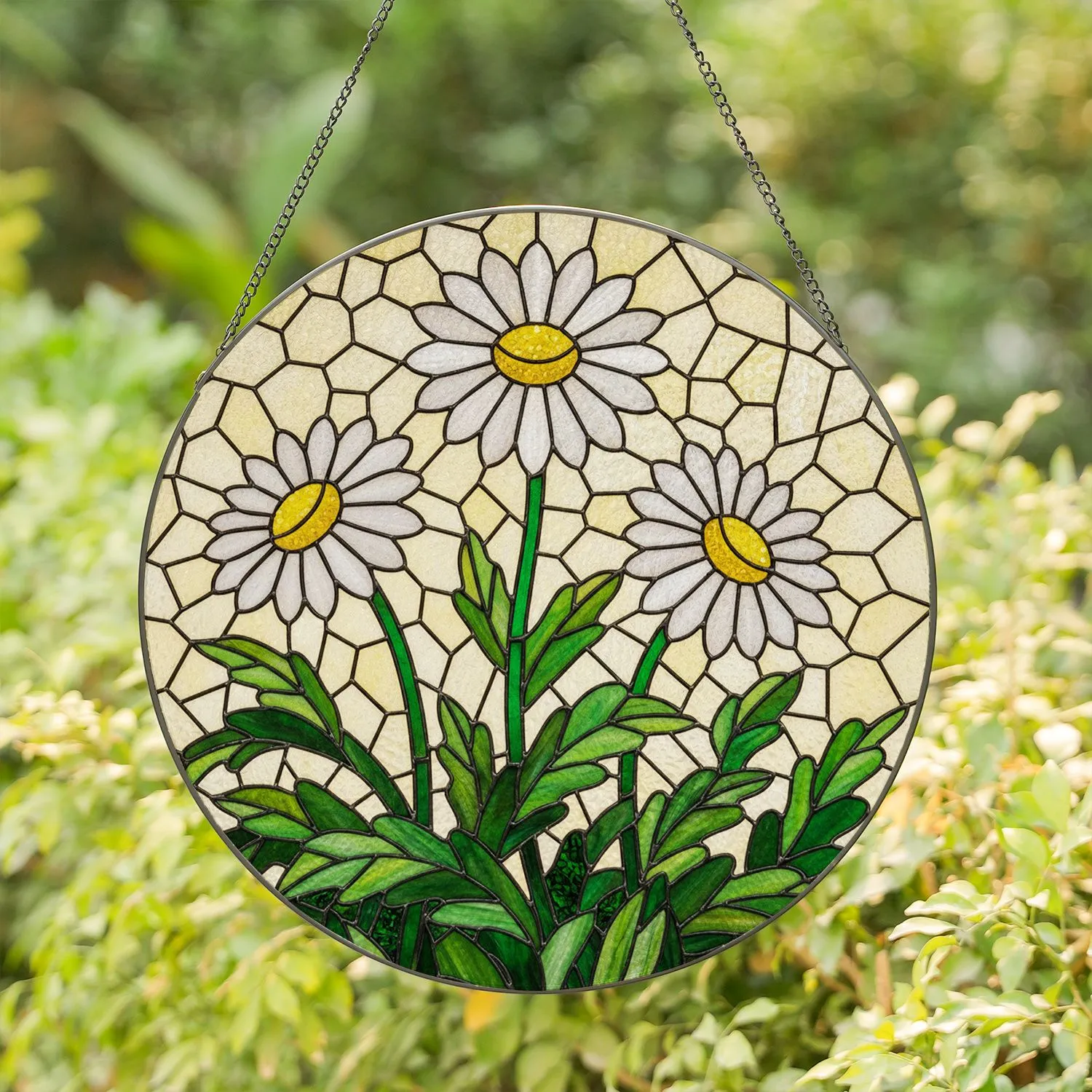 Three Daisy Flowers Stained Glass Mosaic Tiffany Style - White Yellow Bloom Green Leaves Stained Glass Suncatcher - 1