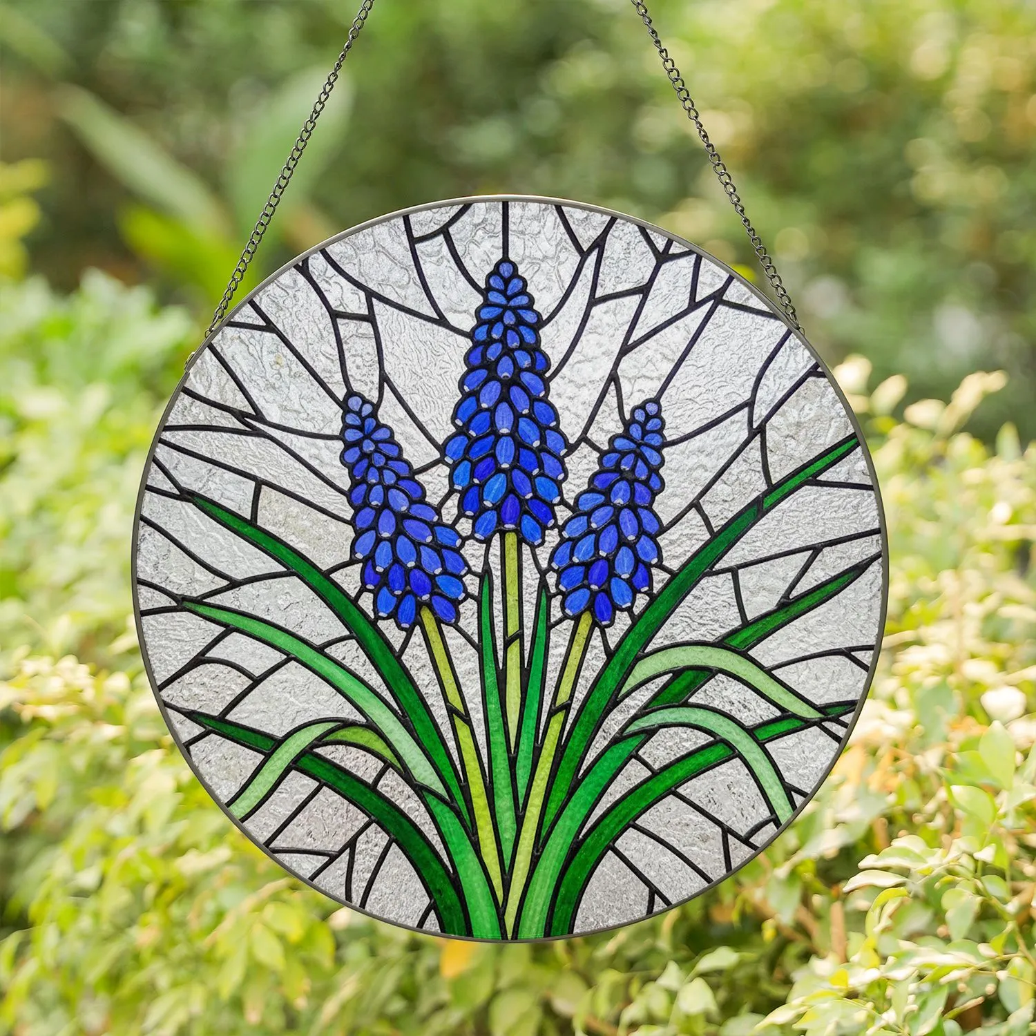 Tiffany Stained Glass Grape Hyacinth Flowers - Intricate Blue Bell Florets & Green Leaves Stained Glass Suncatcher - 1