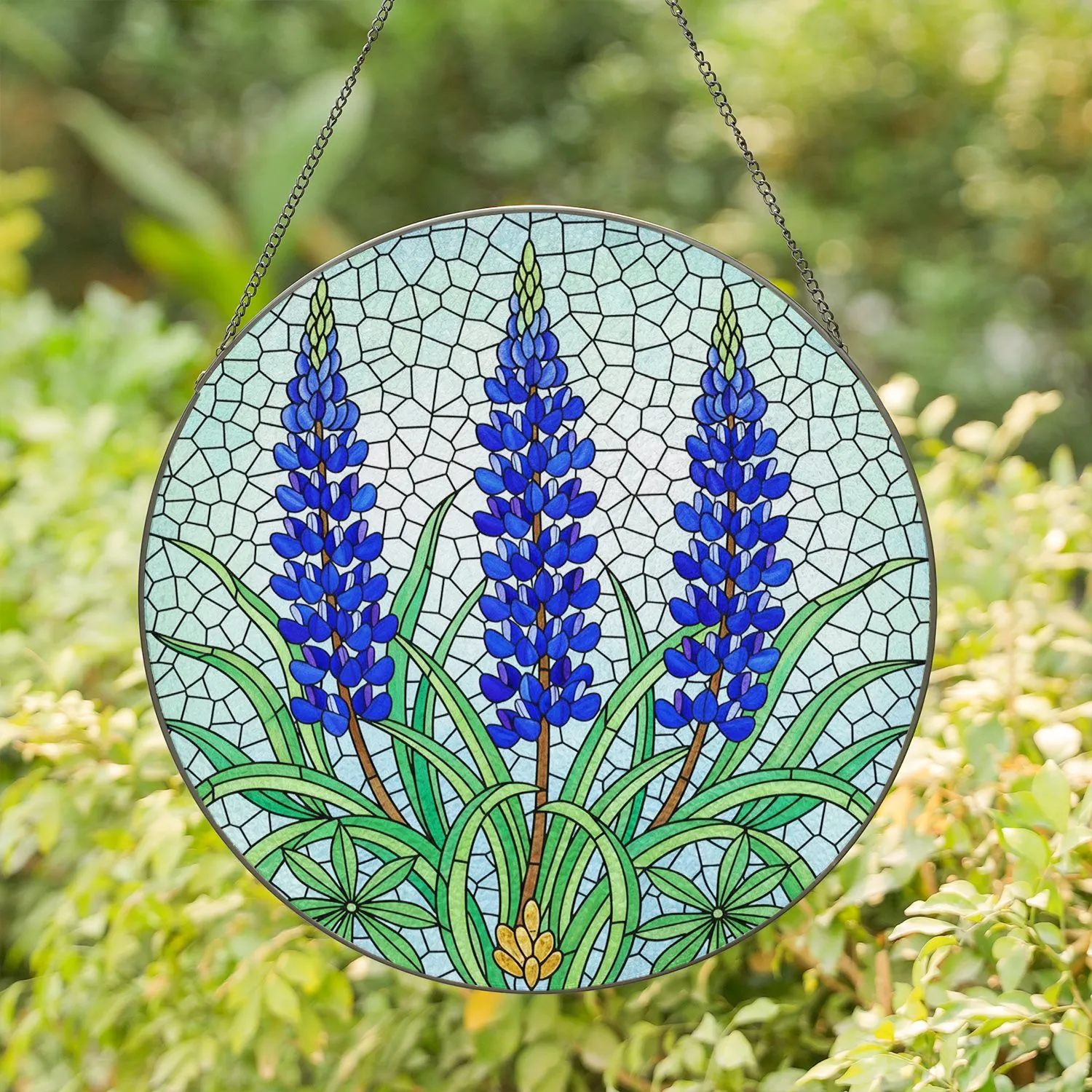 Blue Lupine Flowers Stained Glass Mosaic Art - Translucent Tiffany Style Decor Gift Stained Glass Suncatcher - 1