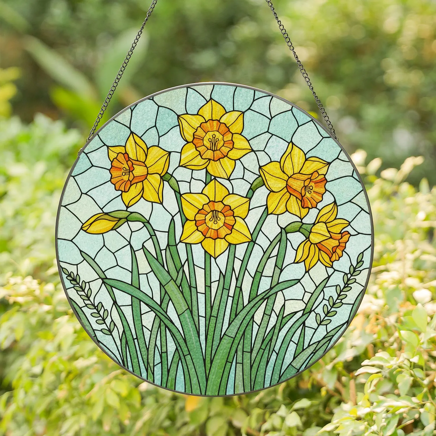 Tiffany Style Stained Glass Yellow Daffodil Mosaic Art - Intricate Jewel Tone Window Decor Stained Glass Suncatcher - 1