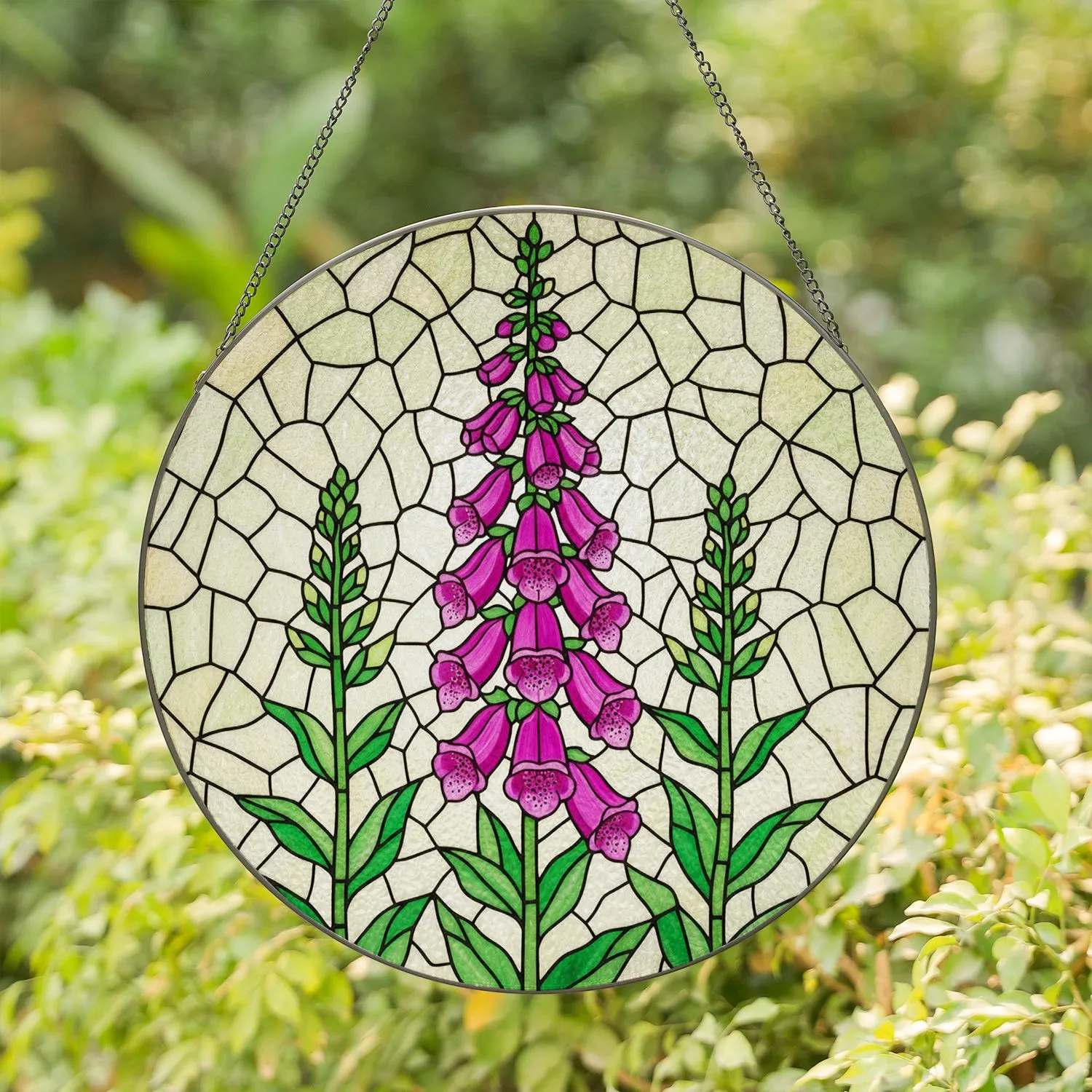 Fuchsia Pink Foxglove Stained Glass Mosaic - Glowing Tiffany Floral Art Design Stained Glass Suncatcher - 1