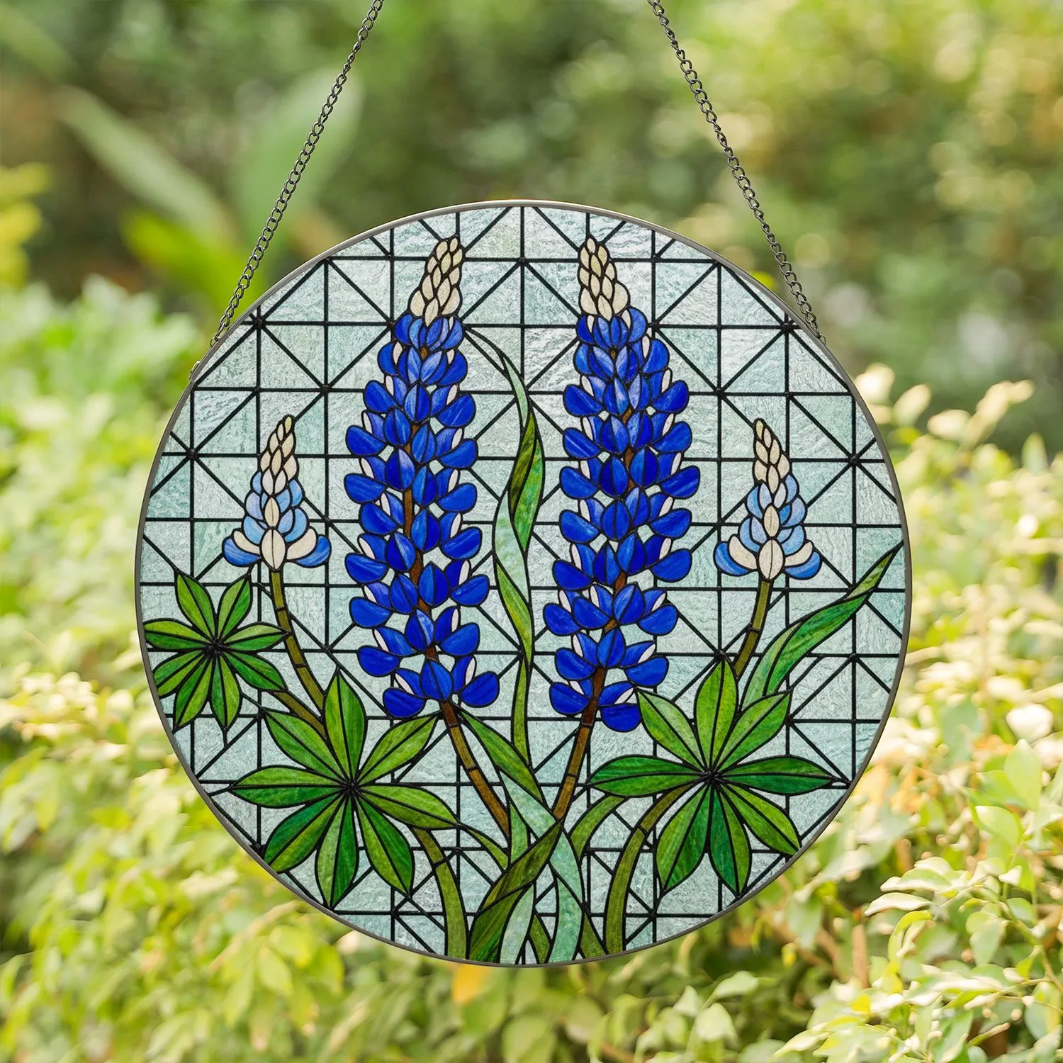 Blue Lupine Flowers Stained Glass Tiffany Style Mosaic Art - Botanical Jewel Tones Stained Glass Suncatcher - 1