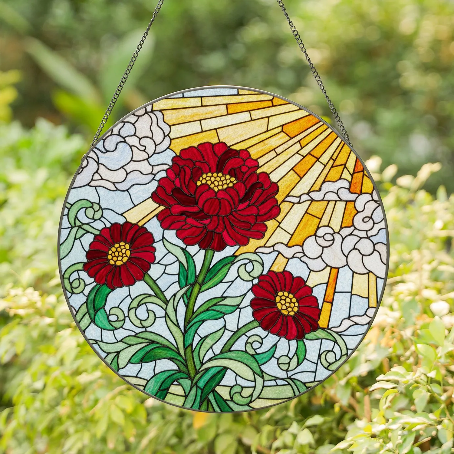 Vibrant Stained Glass Zinnia Flowers - Tiffany Style Sun Rays Sky & Leafy Greens Art Stained Glass Suncatcher - 1