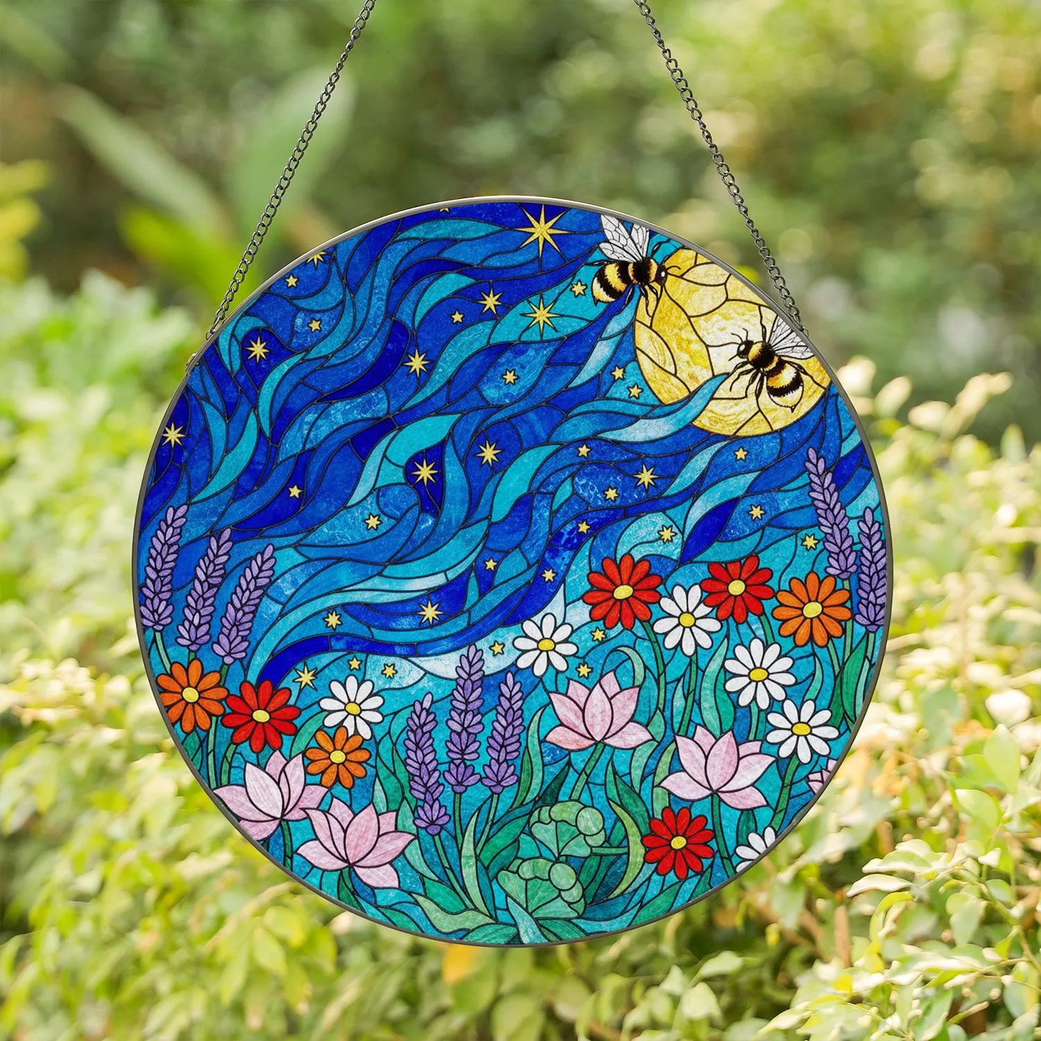 Radiant Yellow Moon Bumblebee Lavender Daisy Wildflower Starry Night Tiffany Glass Art Stained Glass Suncatcher - 1