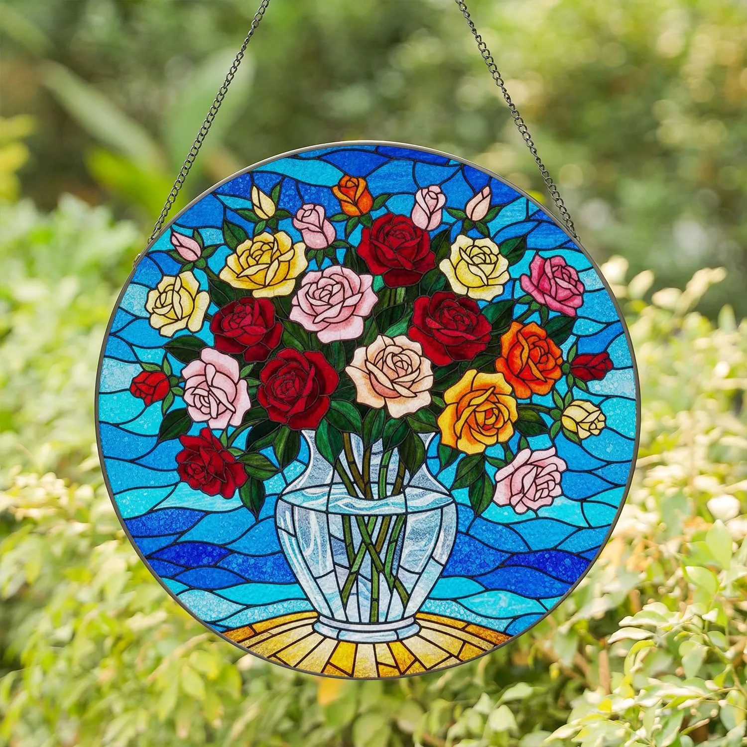 Full Bloom Rose Bouquet Stained Glass Tiffany Style - Jewel Tone Vase Blue Waves Art Stained Glass Suncatcher - 1