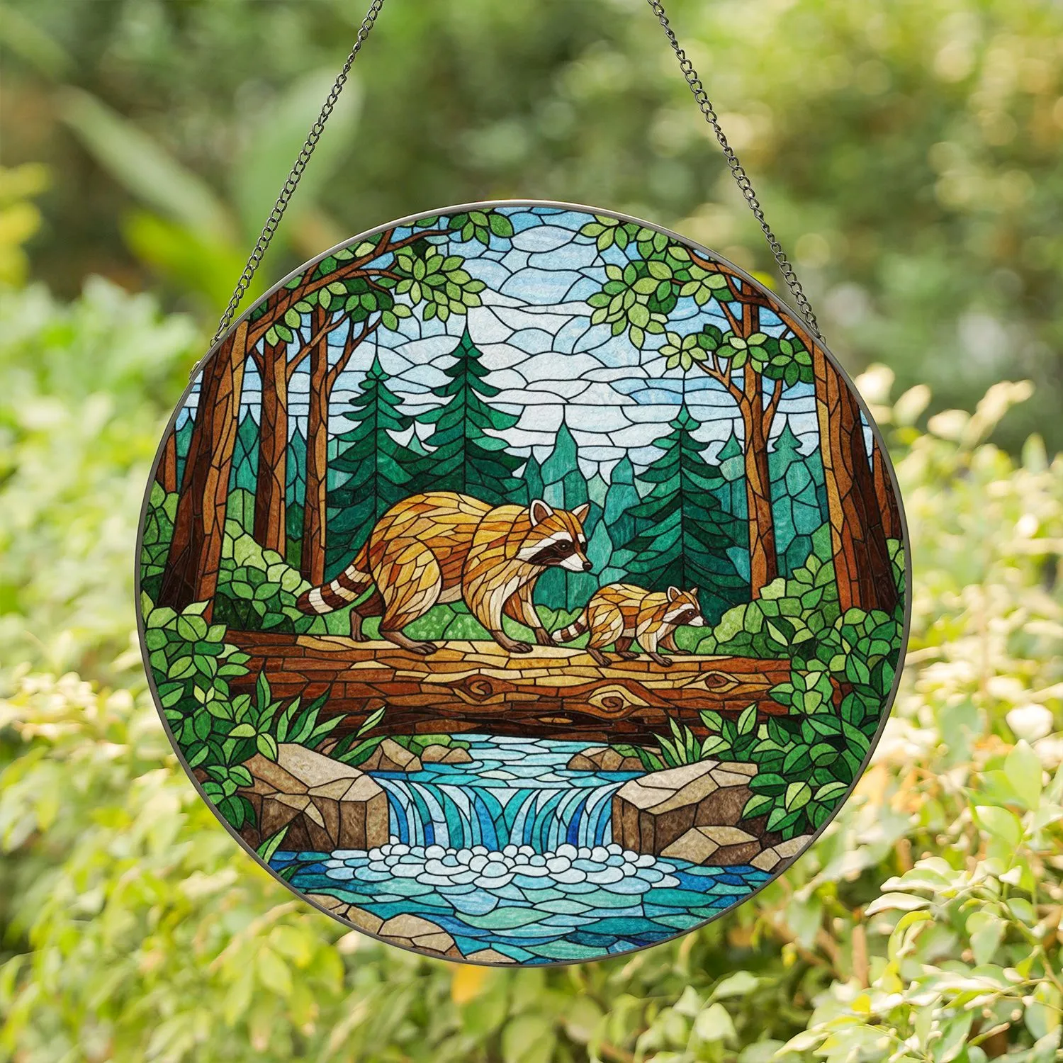 Raccoon Baby Forest Waterfall Tiffany Stained Glass Art - Nature Wildlife Home Decor Stained Glass Suncatcher - 1