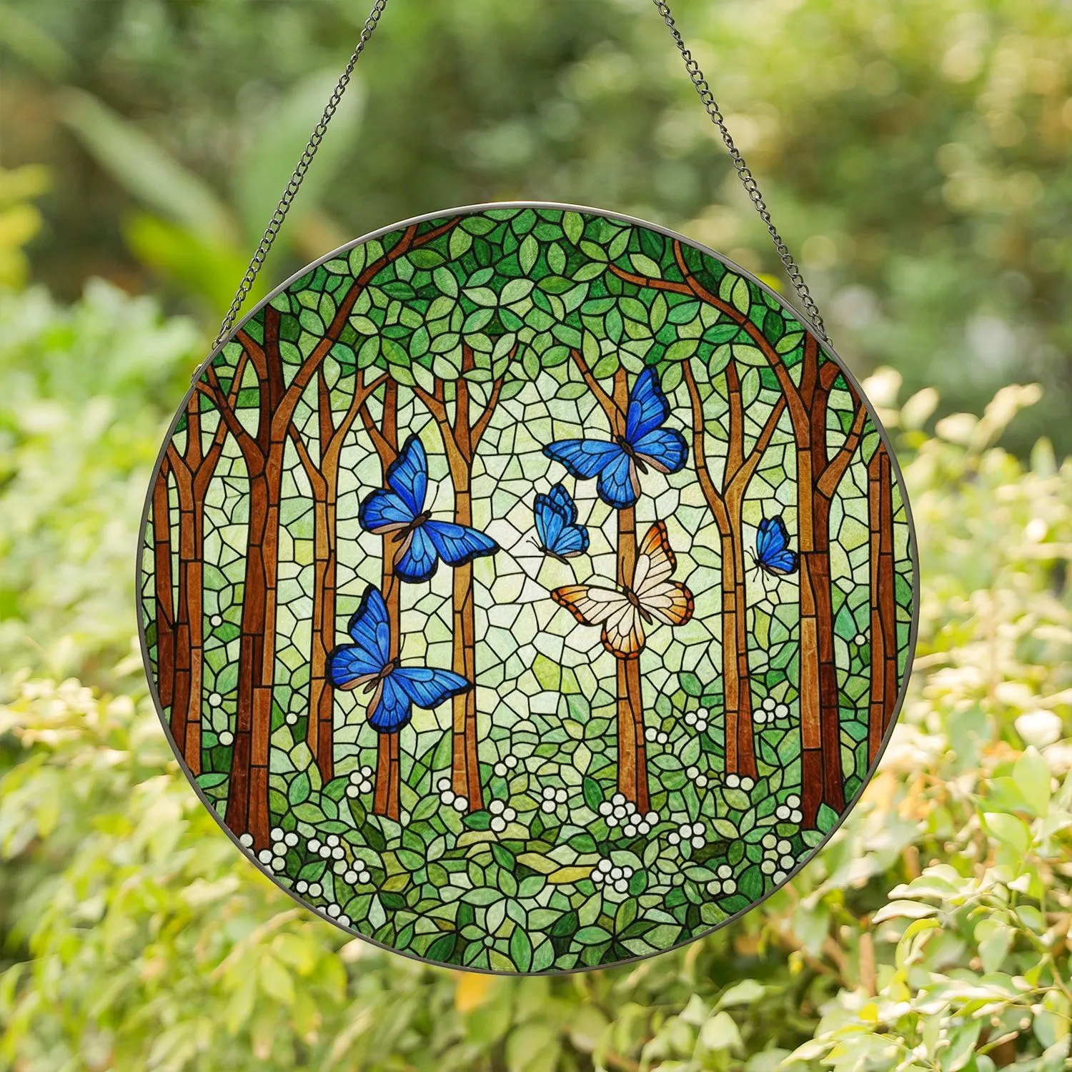 Blue Butterflies Stained Glass Forest Interior - Tiffany Jewel Tone Mosaic Dappled Sunlight Stained Glass Suncatcher - 1