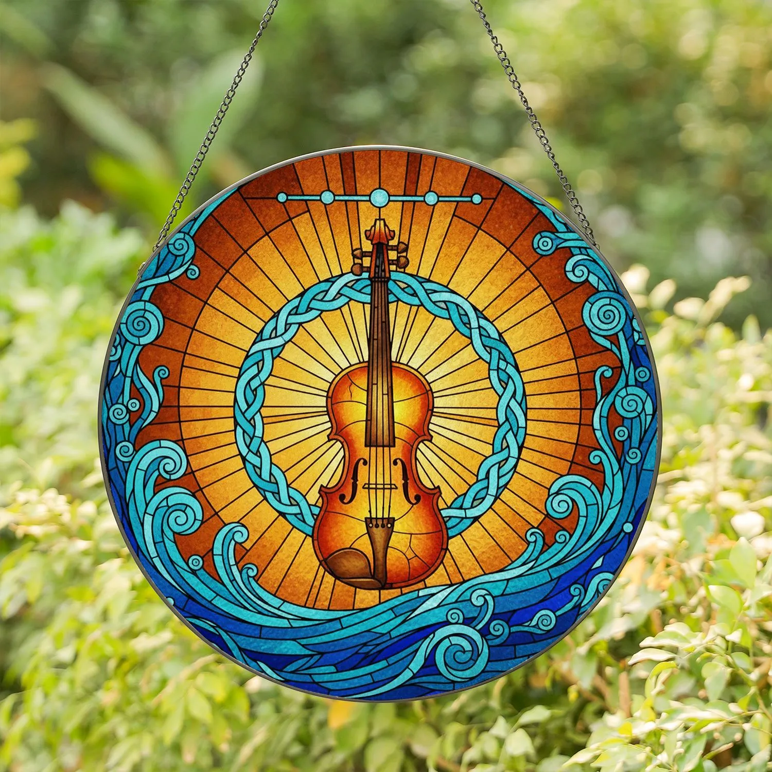 Classical Glowing Violin Stained Glass Sunburst - Teal Blue Swirling Geometric Mosaic Stained Glass Suncatcher - 1