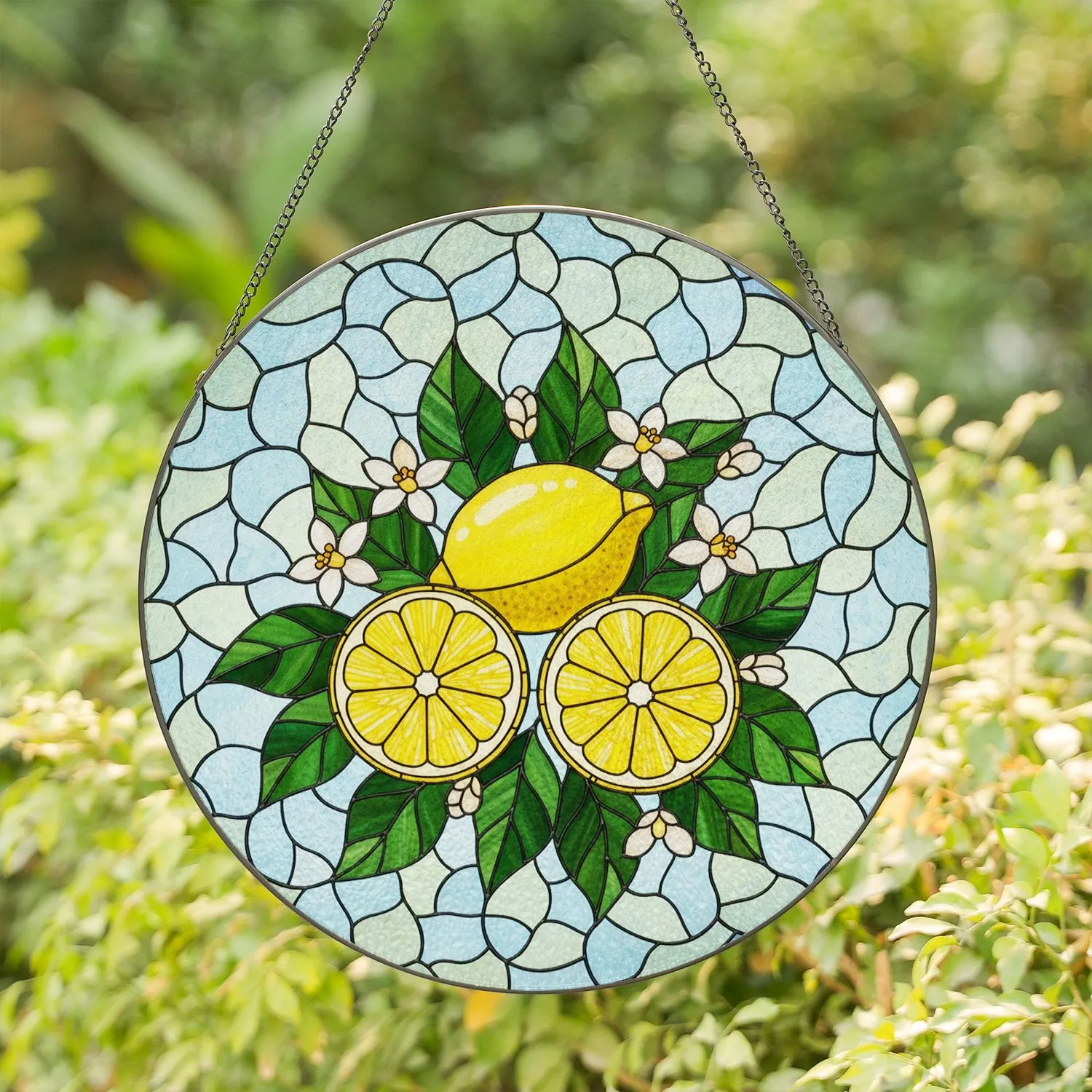 Tiffany Style Stained Glass Lemon Slices & Blossoms - Intricate Mosaic Sky Pattern Stained Glass Suncatcher - 1