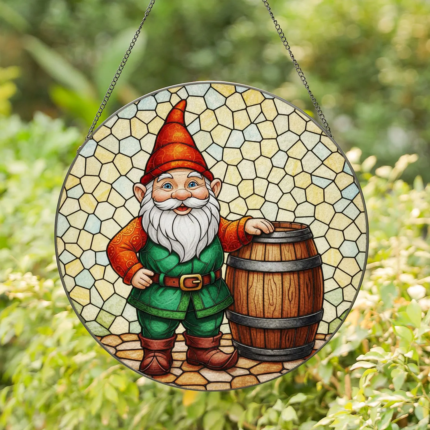 Cheerful Garden Gnome Stained Glass Design - Rustic Barrel & Intricate Mosaic Path Stained Glass Suncatcher - 1