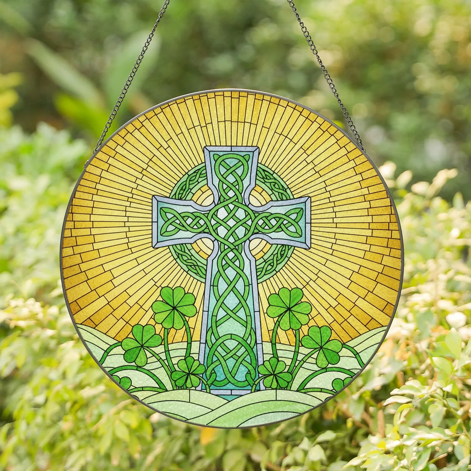 Ornate Detailed Celtic Cross Green Vines Knotwork Stained Glass Four Leaf Clover Sunrays Stained Glass Suncatcher - 1