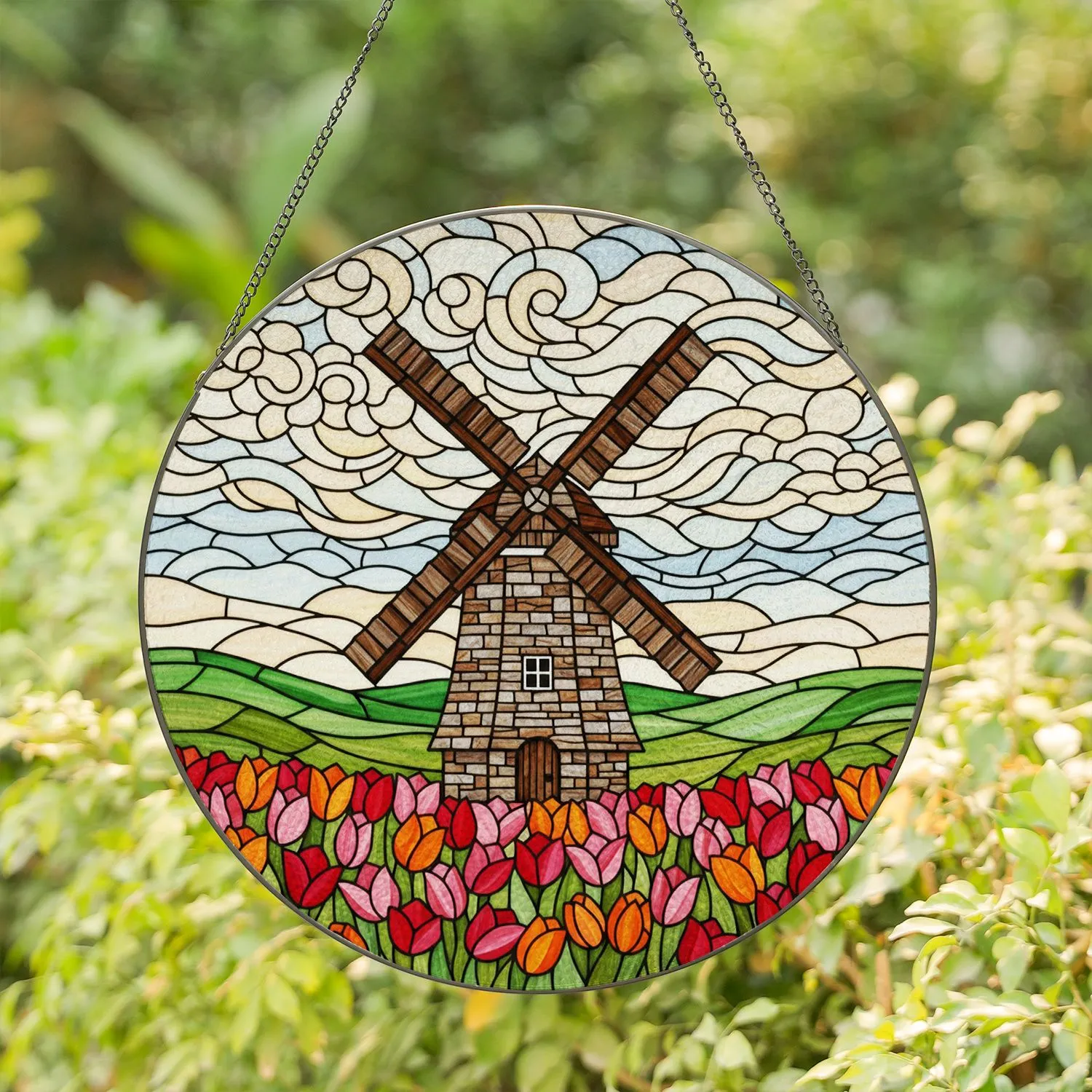 Traditional Dutch Windmill Tulip Field Stained Glass Art - Rolling Green Hills Decor Gift Stained Glass Suncatcher - 1